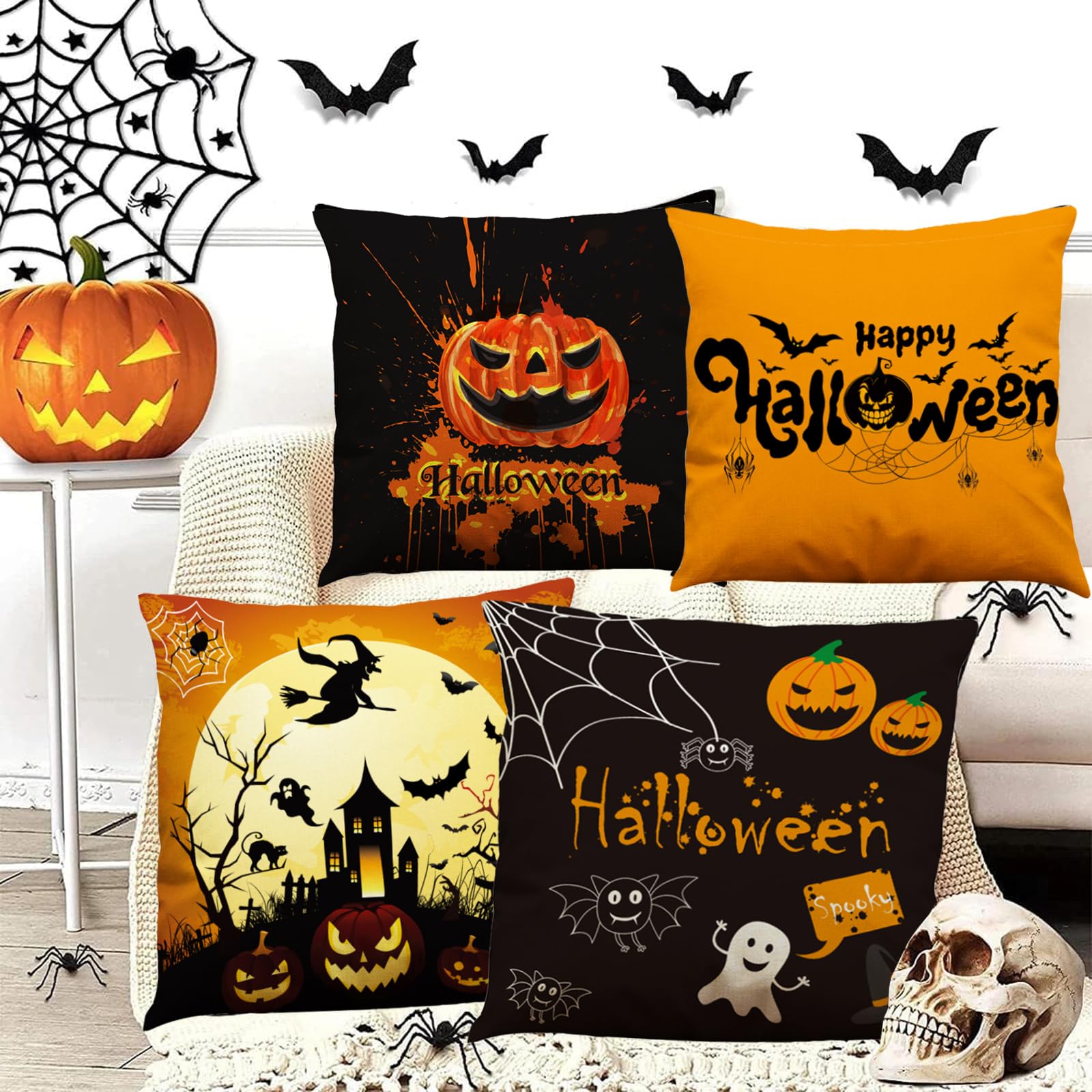 Lunriwis Halloween Kissenbezüge Set - 4er Set Mit Geistern & Kürbissen In Orange/Schwarz