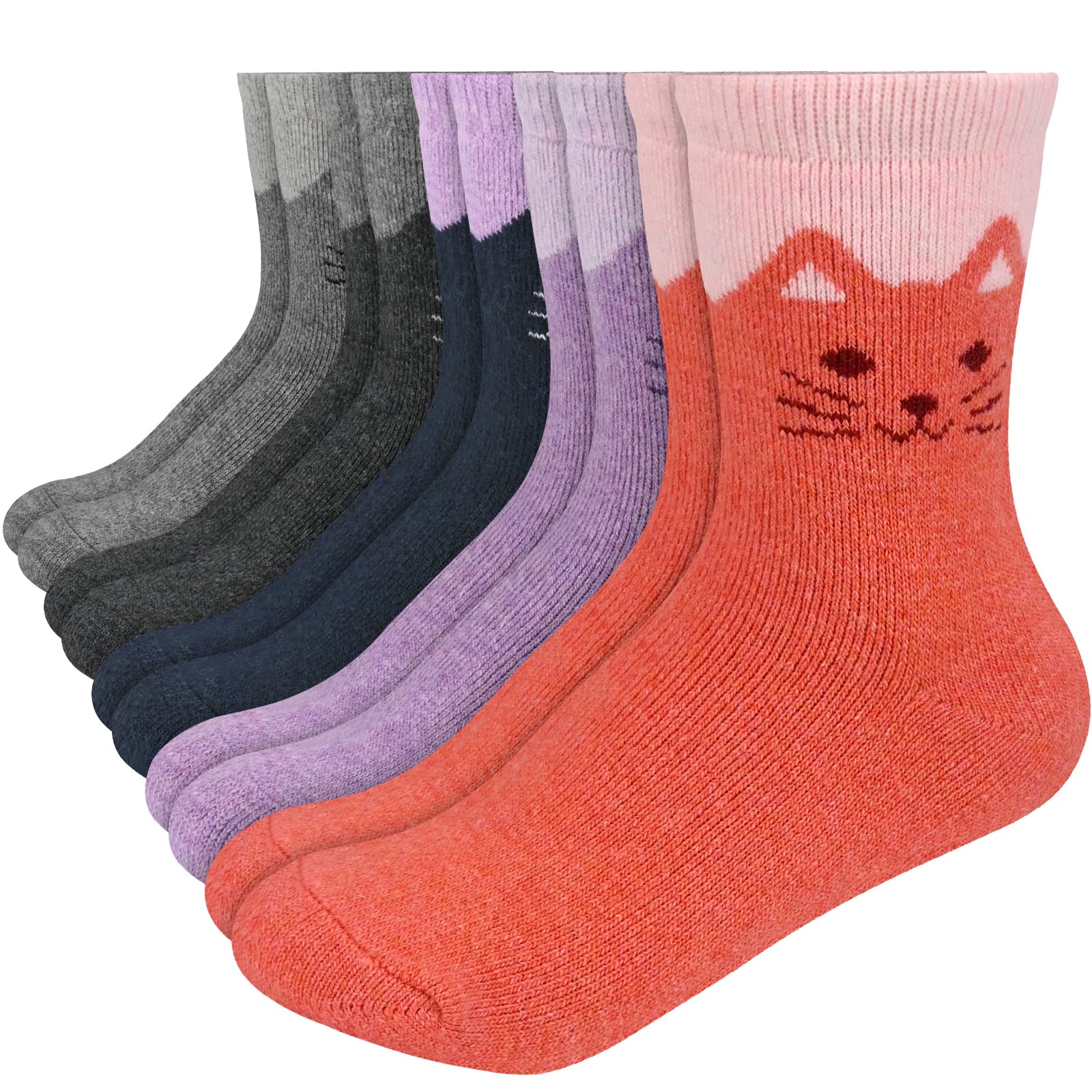 ouhos 5 Pairs Kids Boys Girls Merino Wool Thermal Funny Cat Socks Winter Thick Warm Cosy Black Walking Hiking Socks Novelty Animal Socks for Kids