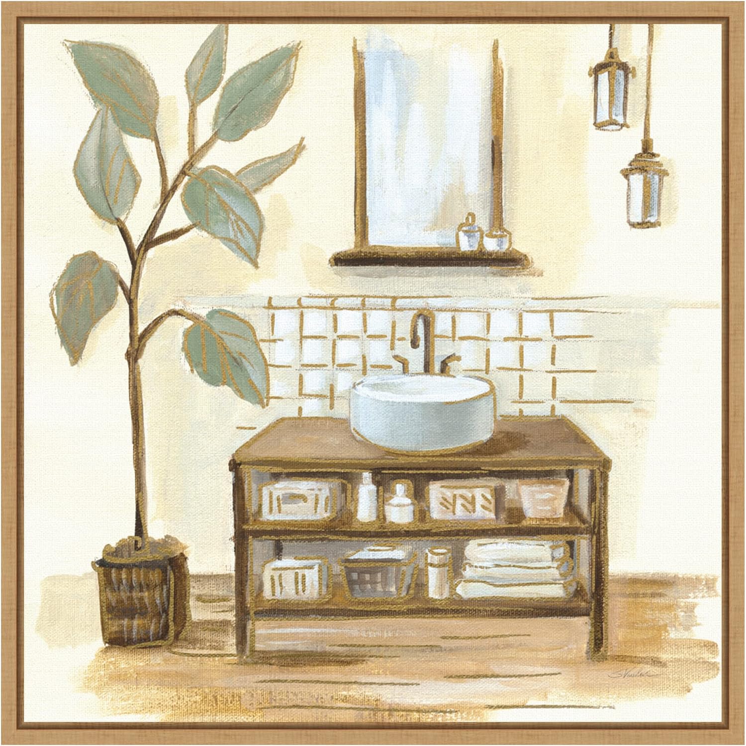 Sage Bathroom II Framed Canvas Wall Art Print 16 x 16