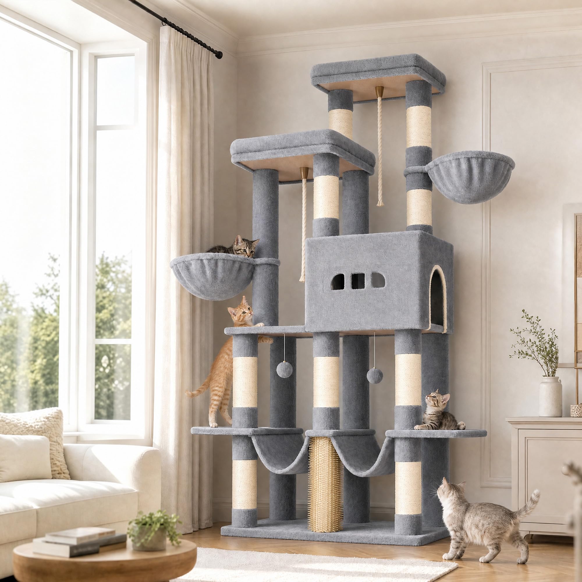 Hzuaneri Cat Tree, 176 cm XL Large Cat Tree for Maine Coon, Tall Cat Tower for Large Cats with 9 Scratching Posts, Widened Baseboard Condo, 2 Platforms, 2 Hammocks, 2 Baskets, Light Gray MS17218LG