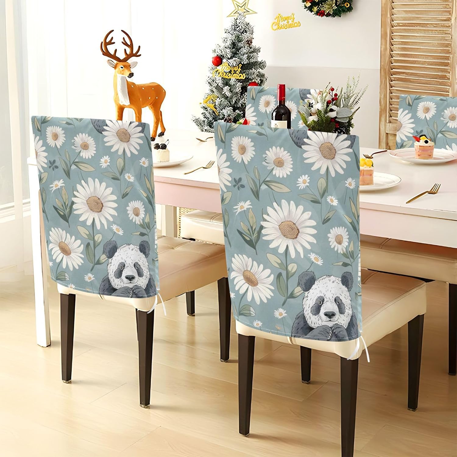 ALAZA Daisy Flowers Panda Chair Back Cover Set of 6, Washable Reusable Removable Chair Slipcovers Decorative Chair Cover for Home Kitchen Wedding Party