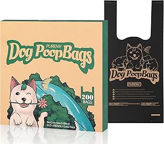 PURENV Hundekotbeutel Biologisch Abbaubar mit Henkel, 200 Eco-Freundlich Kacktüten für Hunde mit Griff, Große 18 * 38 CM, 100% Auslaufsicher, Extra Dick und Stark 3-Monatsvorrat mit Spenderbox product image