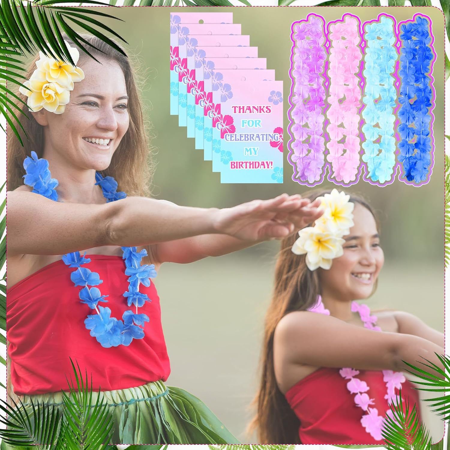 Hoteam 36 Counts Hawaiian Leis Bulk Tropical Flower Lei Hawaiian Necklaces with Cartoon Themed Gift Card Blue Light Blue Pink Cartoon Alien Gift for Luau Beach Hawaii Party Favor Birthday Decoration