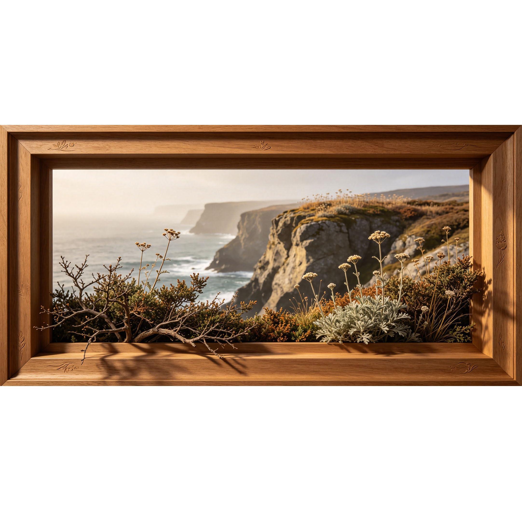Agglomerix 3D Framed Wall Art Coastal Landscape Ocean Cliff Wildflower Plants Window View Large Size SelfAdhesive Removable Wall Decor Prints Artwork for Living Room Bedroom Office