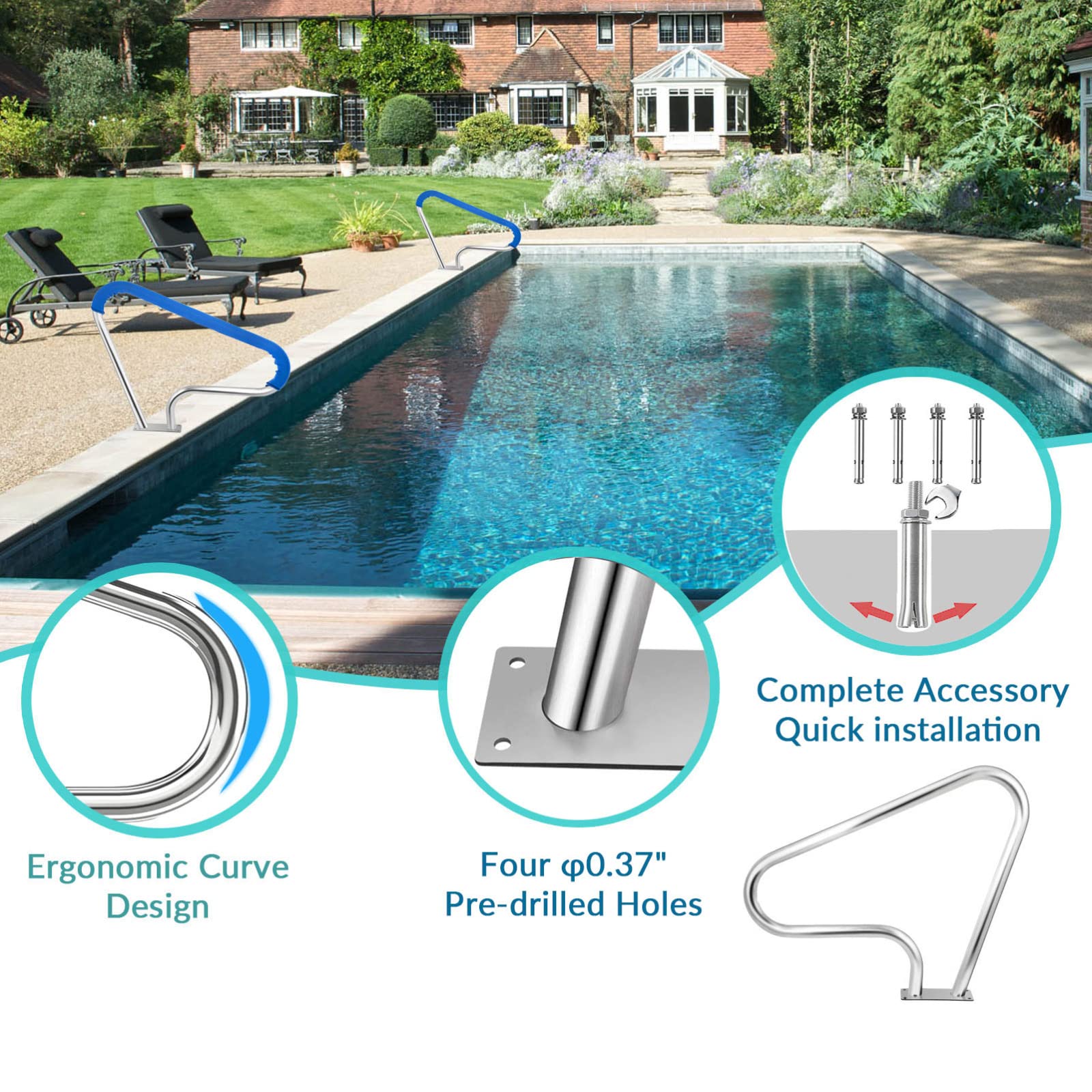 Pasamanos de piscina de 3 curvas, pasamanos de piscina, pasamanos de piscina con cubierta de agarre azul y broca M8 y tornillos autorroscantes, 2 unidades