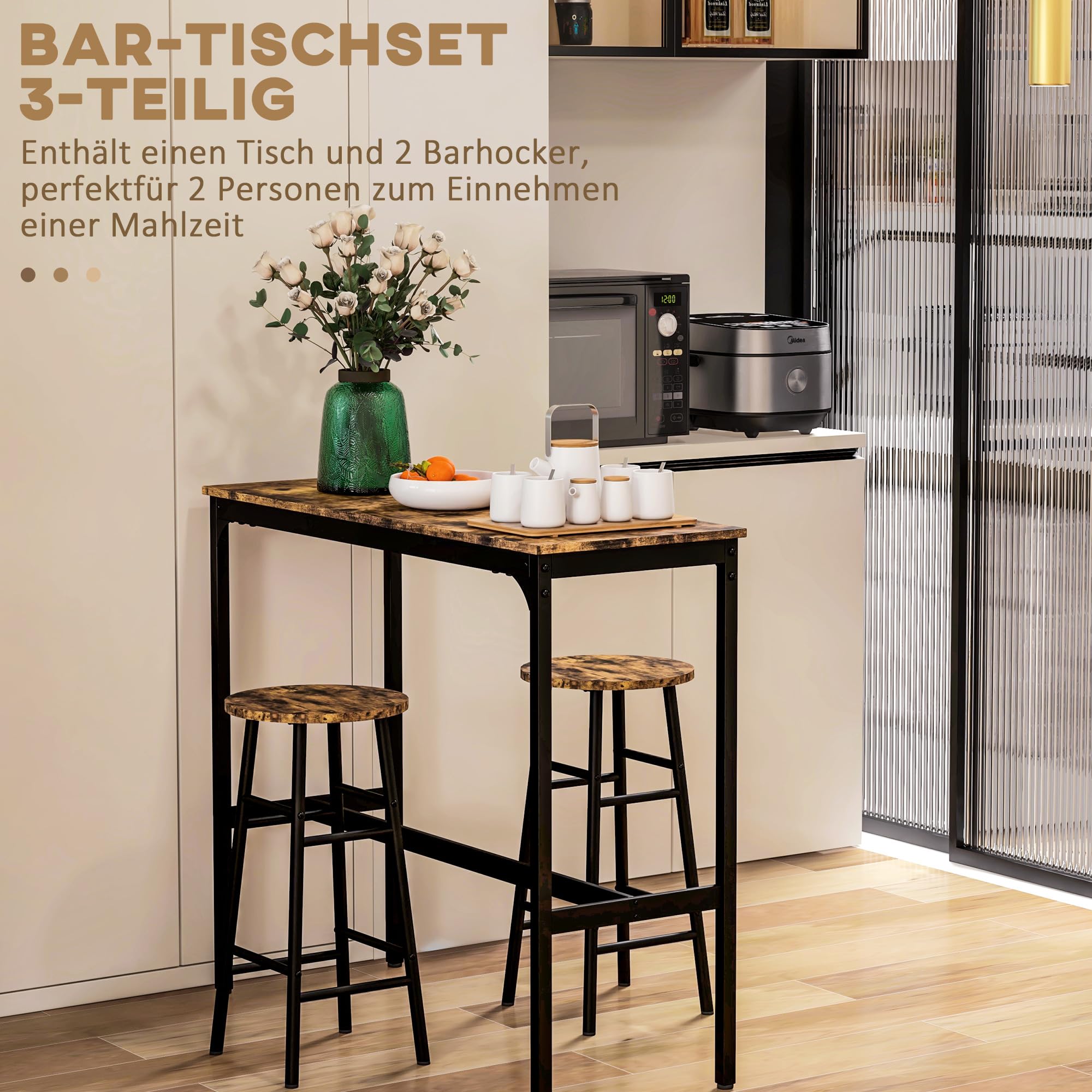 HOMCOM Bartisch Set Bartisch mit Barhocker Set für 2 Personen Esstisch mit 2 Barhocker mit Fußstützen, Küchentisch im Industrie-Design für Esszimmer, Küche, Rustikal-Braun