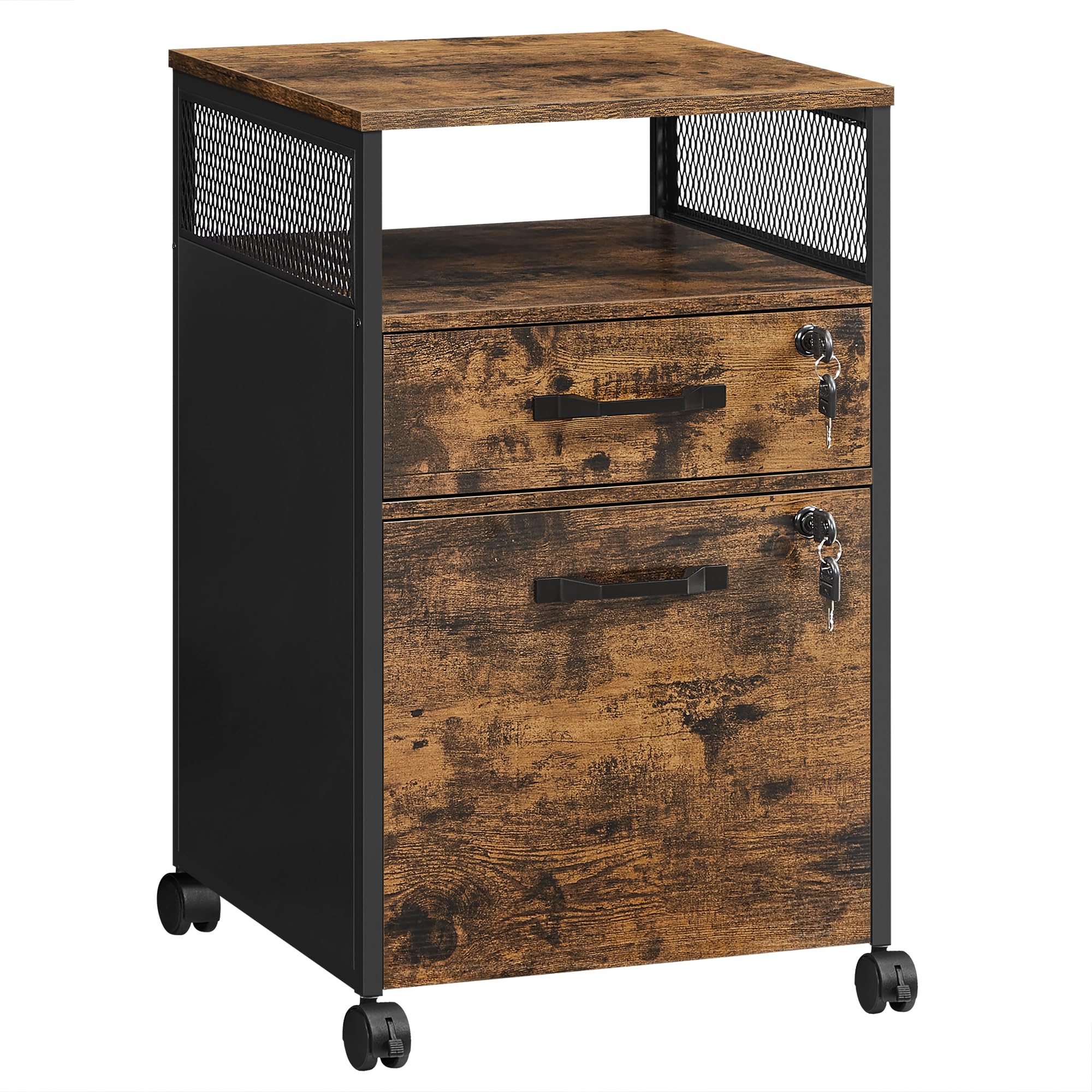 Filing Cabinet, Mobile File Cabinet with 2 Lockable Drawers, Office Cabinet on Wheels, for A4, Letter-Size Hanging File Folders, Open Shelf, Steel Frame, Rustic Brown and Ink Black OFC077B01