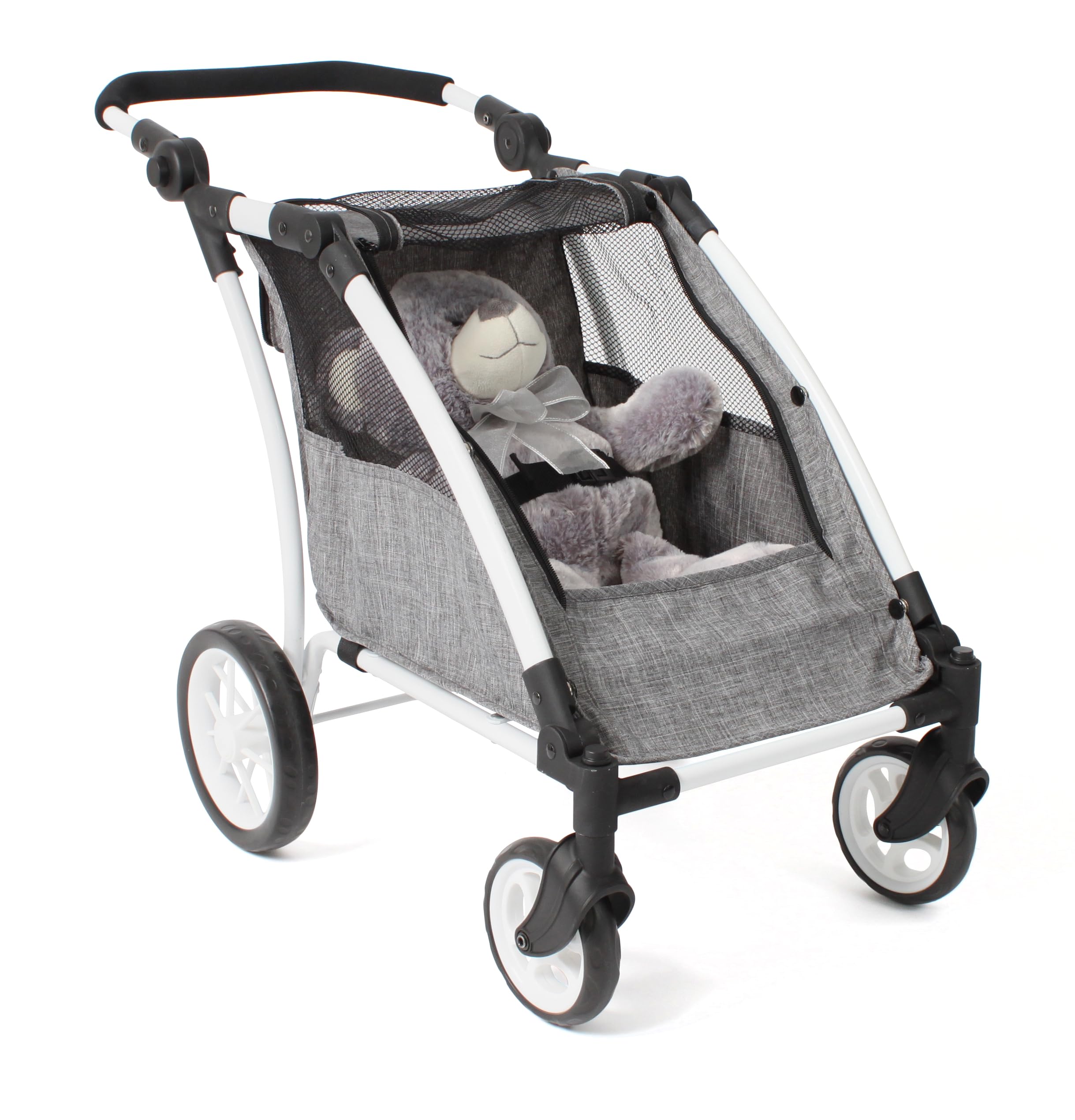 Bayer Chic 2000 Roadster | Zwillings-Puppenwagen Jeans Grau | Verstellbar | Sportlicher Puppentrailer für 2 Puppen (bis 46 cm). Höhenverstellbarer Schieber (33–71 cm). Jeans Grau. Robust & Chic.
