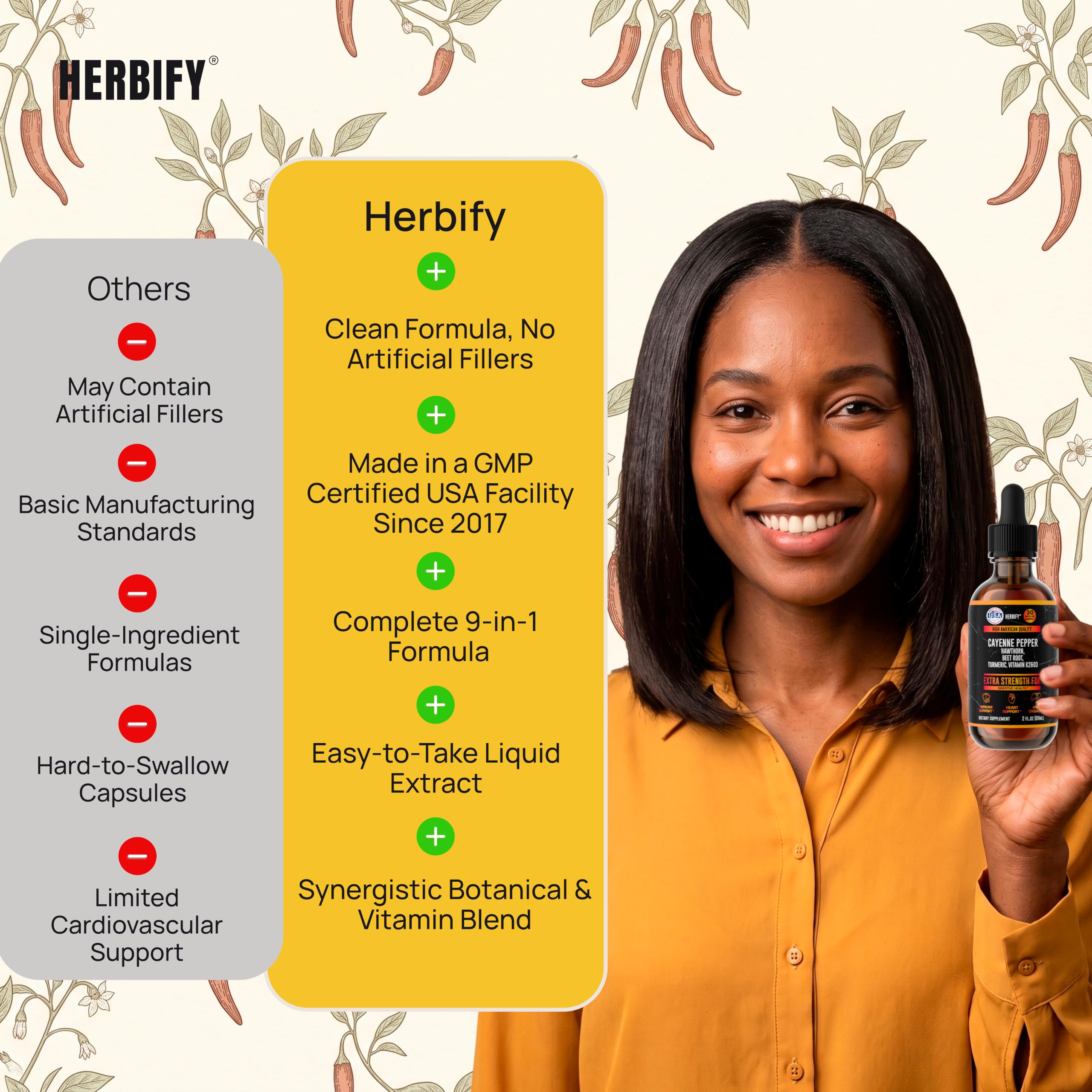 HERBIFY Cayenne Pepper Drops - Immune Support Supplement - Detox & Digestion Support - Cayenne Pepper Hawthorn Beet Root Turmeric Vitamin K2 D3 - Energy Supplements Extract - 2 Fl Oz - Made in USA — Amazon image 5
