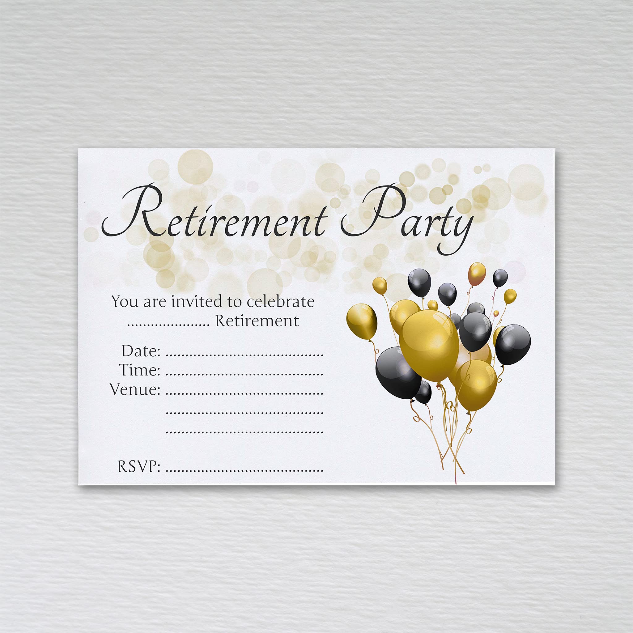 10-100 Pack of Retirement Party Invitations: Leaving Invites (Pack of 20 Black & Gold Without Envelopes)