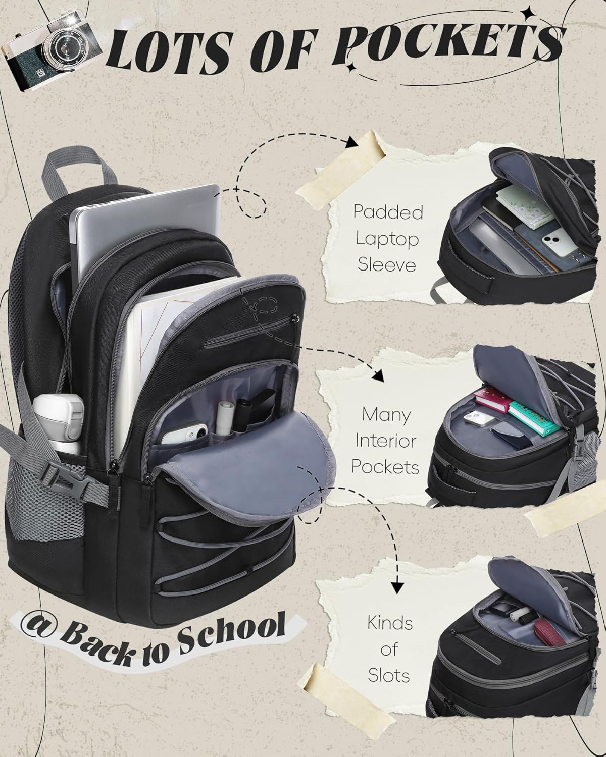 Middle High School Backpacks for Boys Girls Large Bookbags with Laptop Compartment for Teens Teenagers Back to School Book Bags Mochilas Escolares para Adolescentes (Black/Gray, Solid) - Image 3