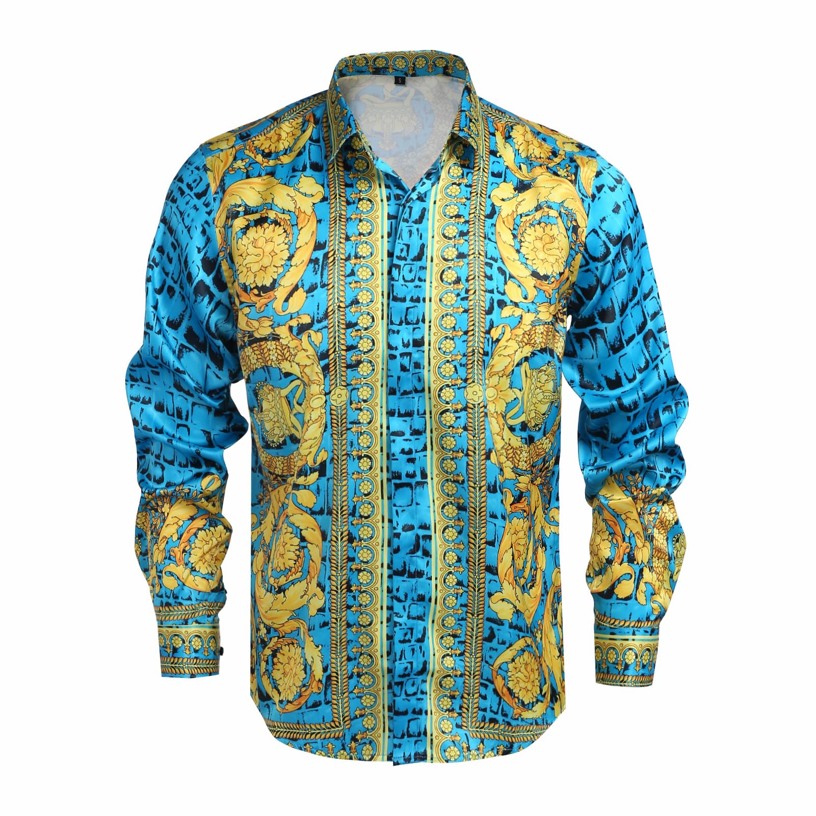 GSBOGOSSE Men Gold Fashion Luxury Printed Satin Long Sleeve Button-Down Shirts Flashy Retro Gorgeous Design Party Gift Shirt