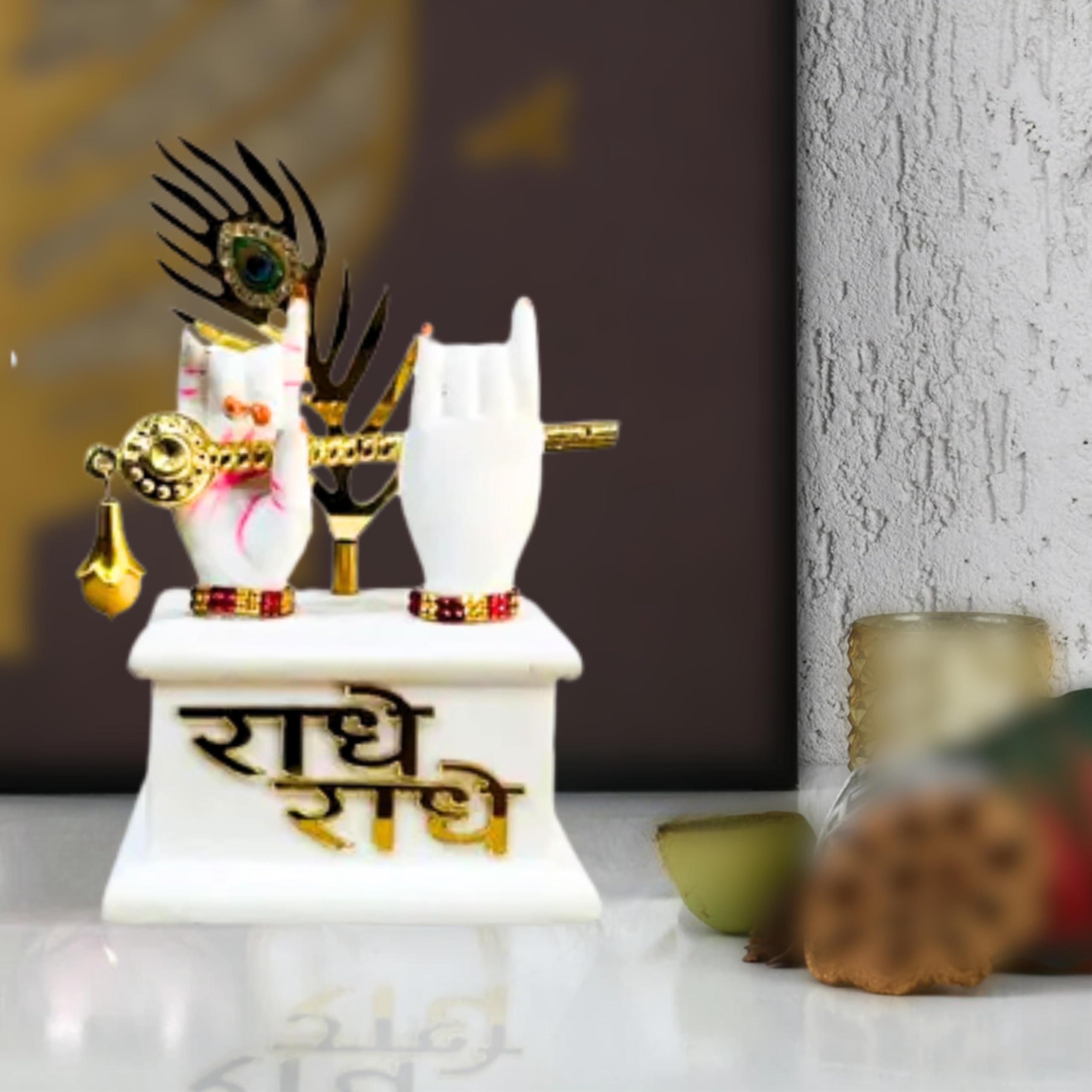 THE SACRED GIFTS Resin Lord Krishna Hands with Flute Idol|Hand Statue|Krishnaji Divine Hands Idol with Flute & Peacock Feather|Krishna Statue for Car Dashboard&Griha Pravesh Gift,20 cm ,15 cm ,8 cm