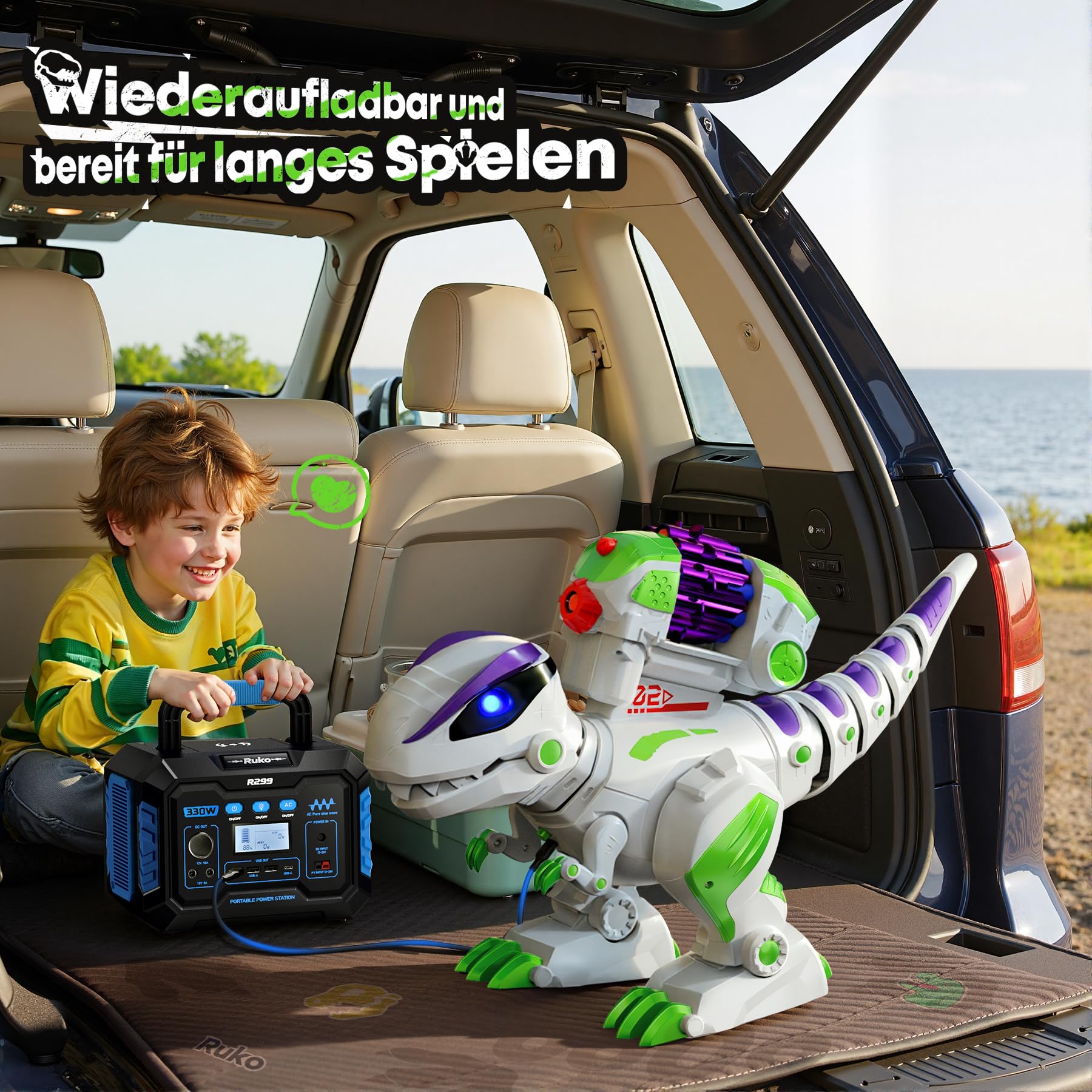 Ruko 8809 Ferngesteuerter Dinosaurier T-Rex für Kinder, großer wiederaufladbarer RC Dino mit Programmierfunktion, Gehen, Brüllen, LED-Augen & Dart-Schuss, Spielzeug ab 3 Jahren, Grün