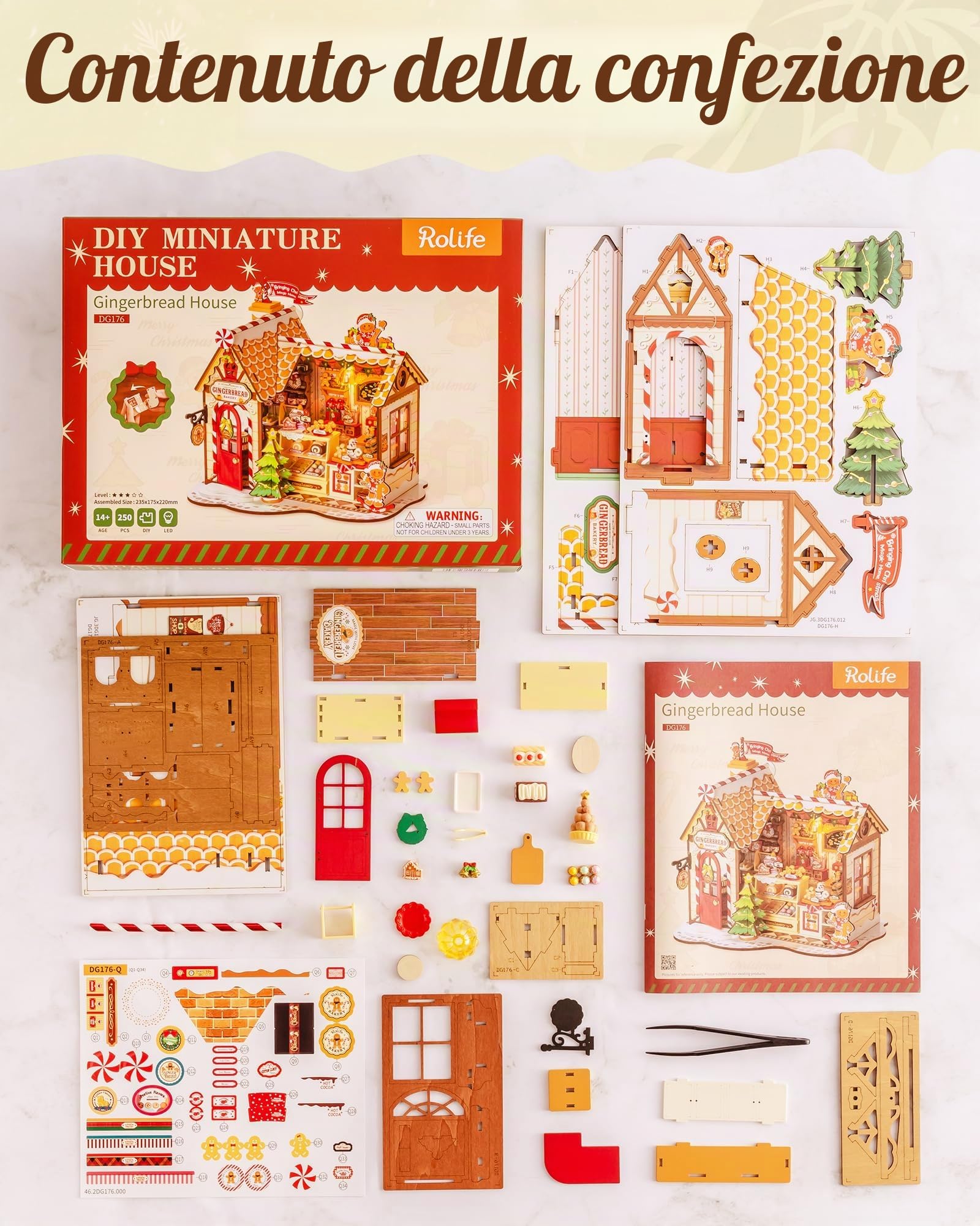 Rolife Casa delle Bambole di Natale Casetta Pan di Zenzero Kit Miniatura Fai-da-te Modello in Legno Decorazione Natalizia Regalo Creativo per Adulti e Ragazzi