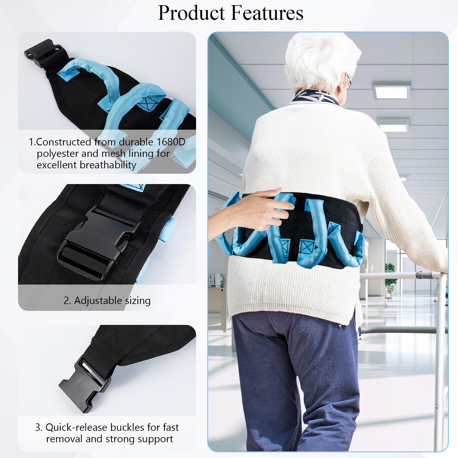 Gait Belt Blau Schwarz, Anti-Rutsch Transfergurt mit 7 Griffen & Schnellverschluss, 27-50 Zoll verstellbar, für Senioren, Pflege & Rehabilitation, 1680D Polyester