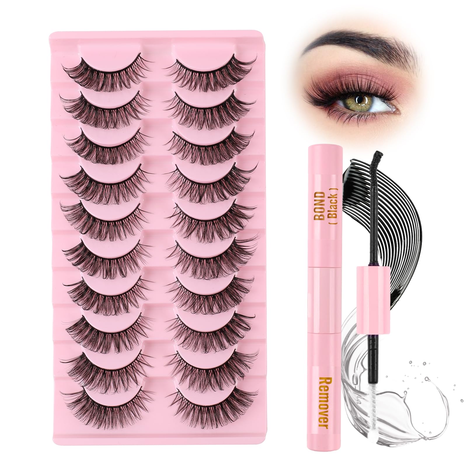 Glowing Win Russian Strip Lashes with Glue 10 Pairs Cat Eye Lashes Natural Look False Eyelashes D Curl Russian Eyelashes Wispy Fluffy Hybrid Strip Lashes 3D Faux Mink Fake Lashes