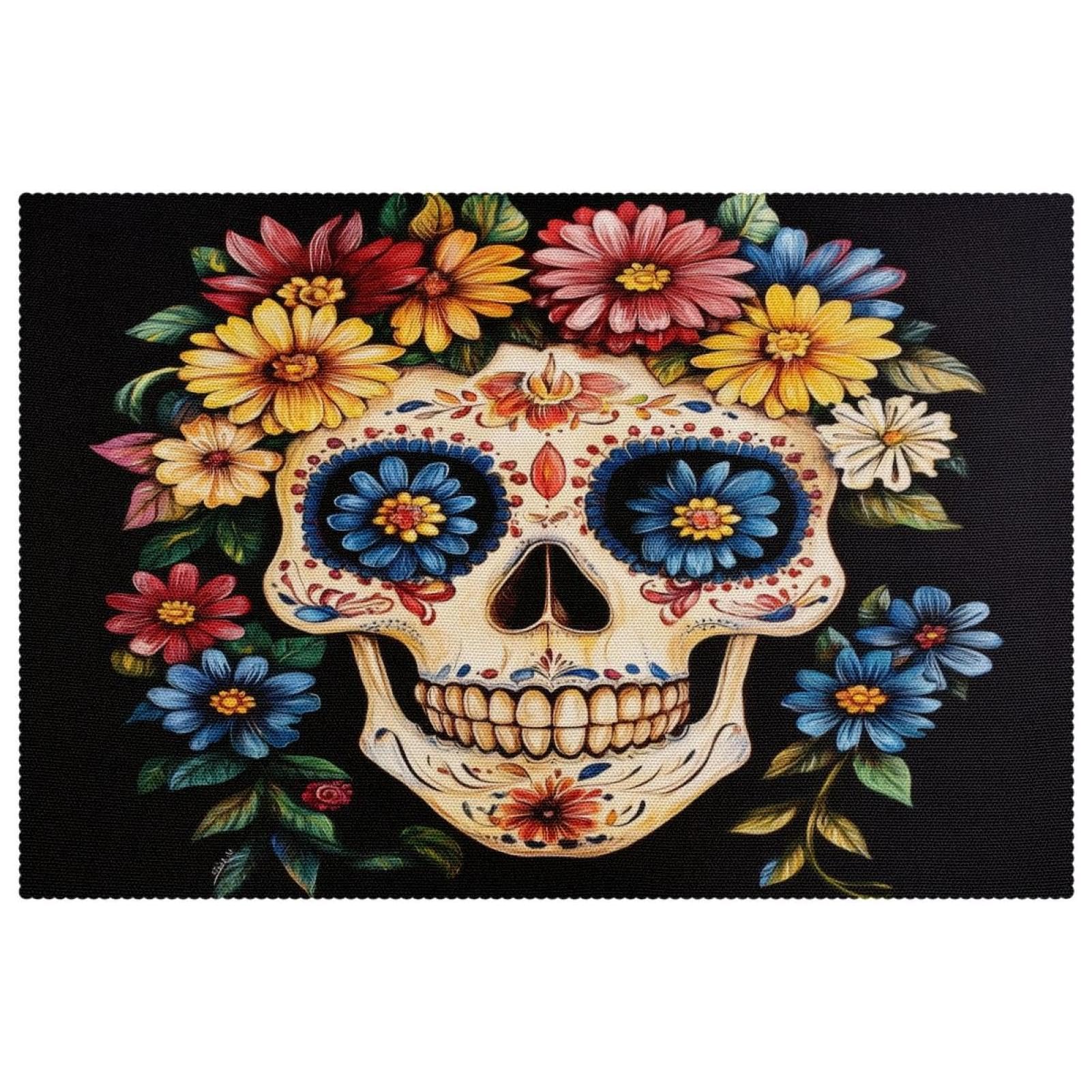 Sets de table en tissu Oxford lavables motif tête de mort fleurs lot de 4
