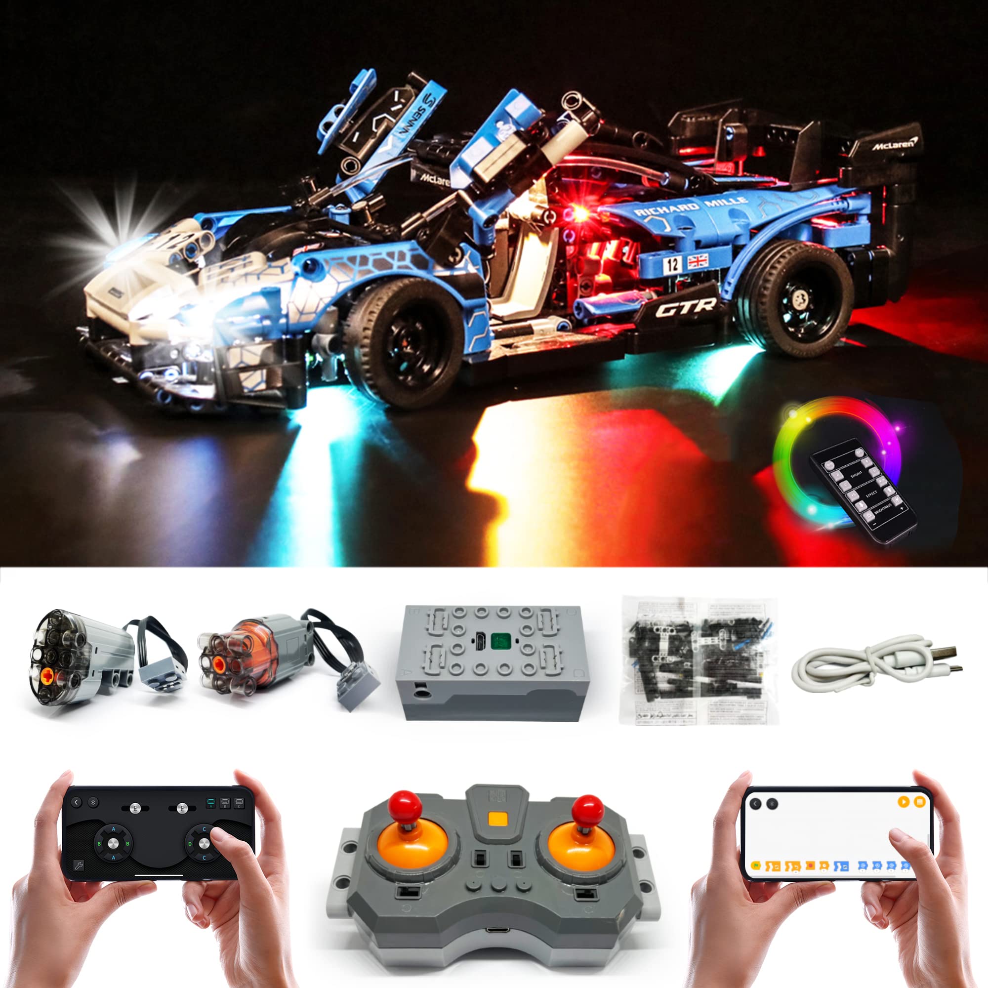 Motor and Remote Control and LED Light kit for Lego 42123 McLaren Senna GTR, APP Control, Programmable, with Joystick Remote Control, 2 Motor, LED Light kit (Model not Included)