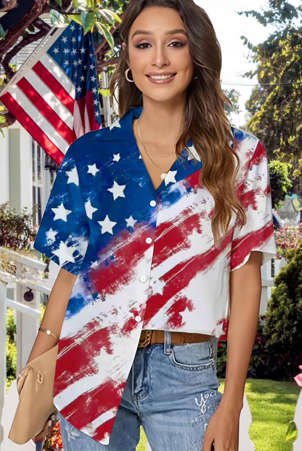 American Flag Shirt for Women: 4th July Graphic T-Shirts Patriotic USA Flag Star Stripes Tees Hawaiian Button Down Tops - Image 3