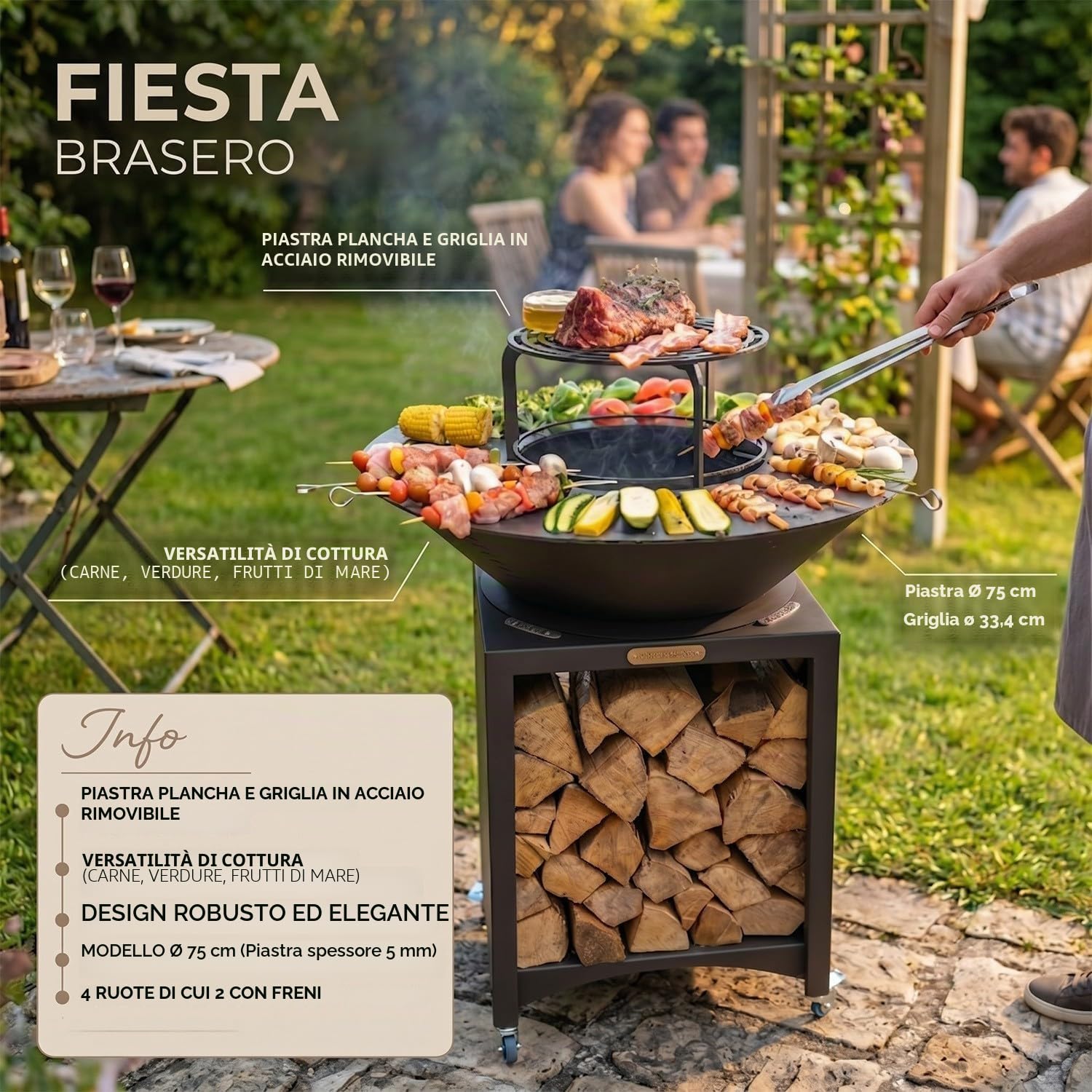 Mon Mobilier Design Fiesta Braciere Alto con Piastra e Griglia Rimovibile in Acciaio Barbecue Plancha Esterno Ø 75 cm