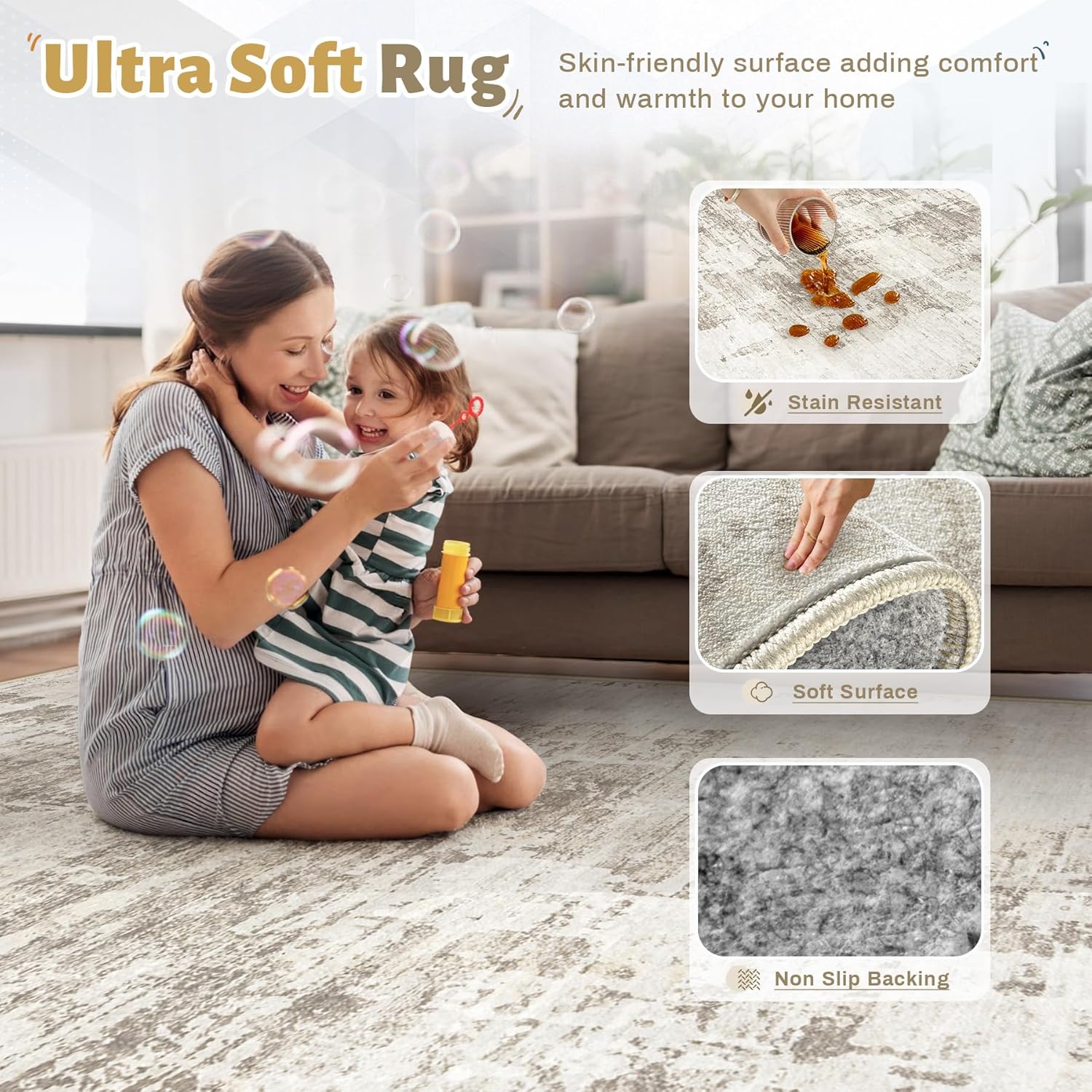 8x10 Area Rugs for Living Room, Washable Modern Abstract Large Area Rug Neutral Soft Non Slip Kids Rug Stain Resistant Indoor Carpet for Bedroom Nursery Dining Room Playroom Office(BeigeBrown, 8'x10') - Image 4