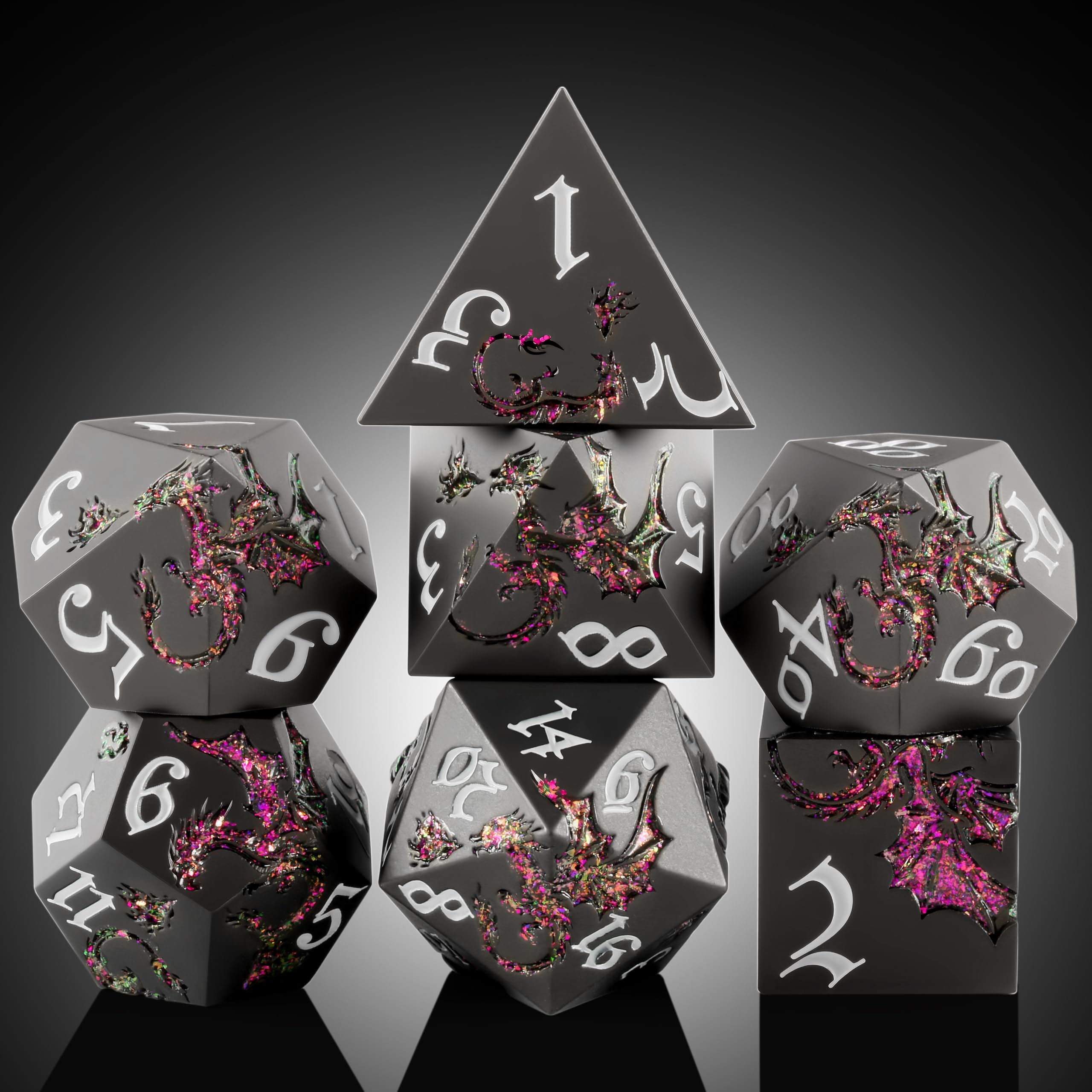 DNDND DND Dice, 7 PCS Metallic D&D Dice Set with Random Color Gift Case for Dungeons & Dragons, Tabletop Games (Glitter Purple with Black)