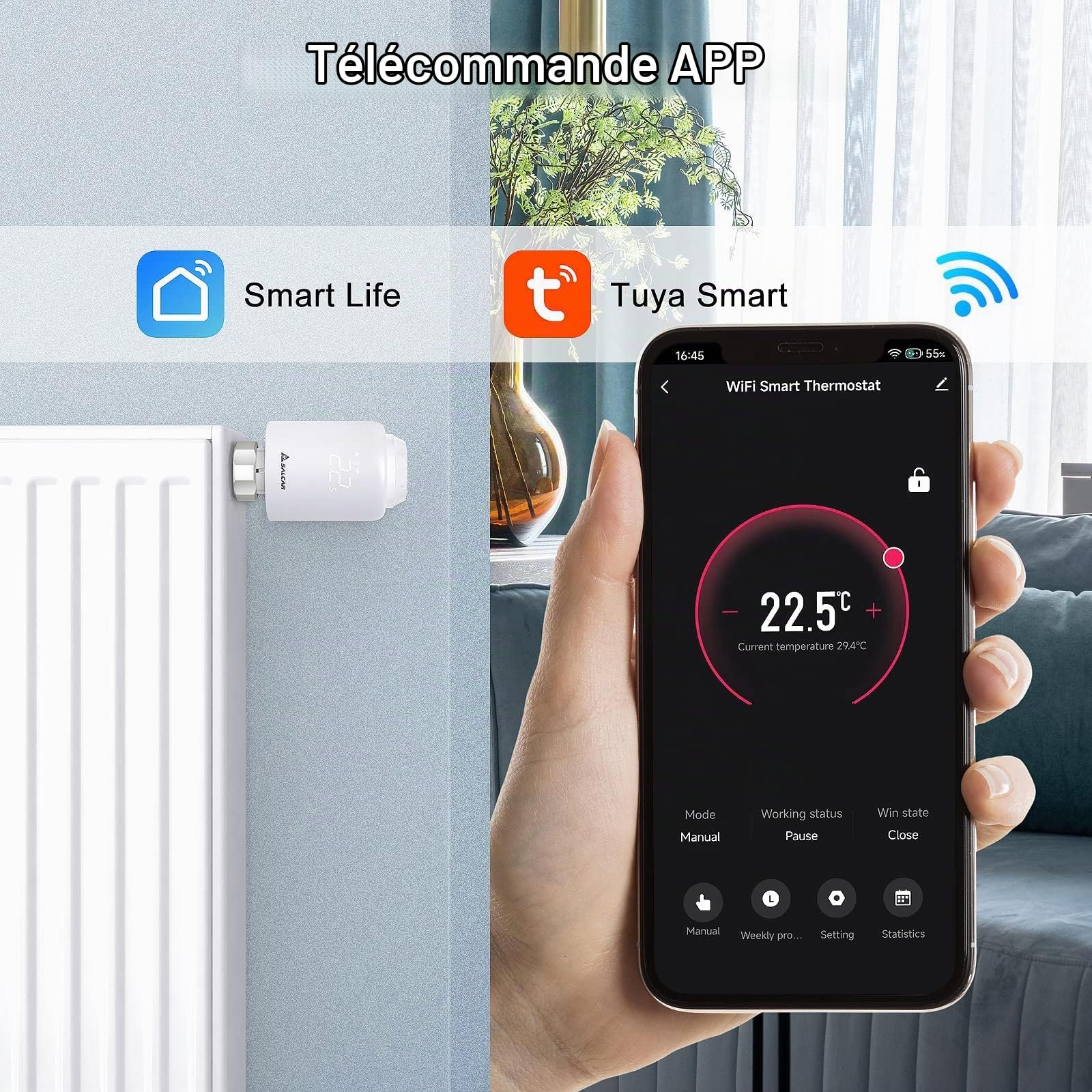 SALCAR WiFi Thermostat Direct Connecté TRV603 Tête Thermostatique Compatible avec Amazon Alexa & Google Assistant Thermostat Radiateur Programmable Tuya Aucune Passerelle Requise