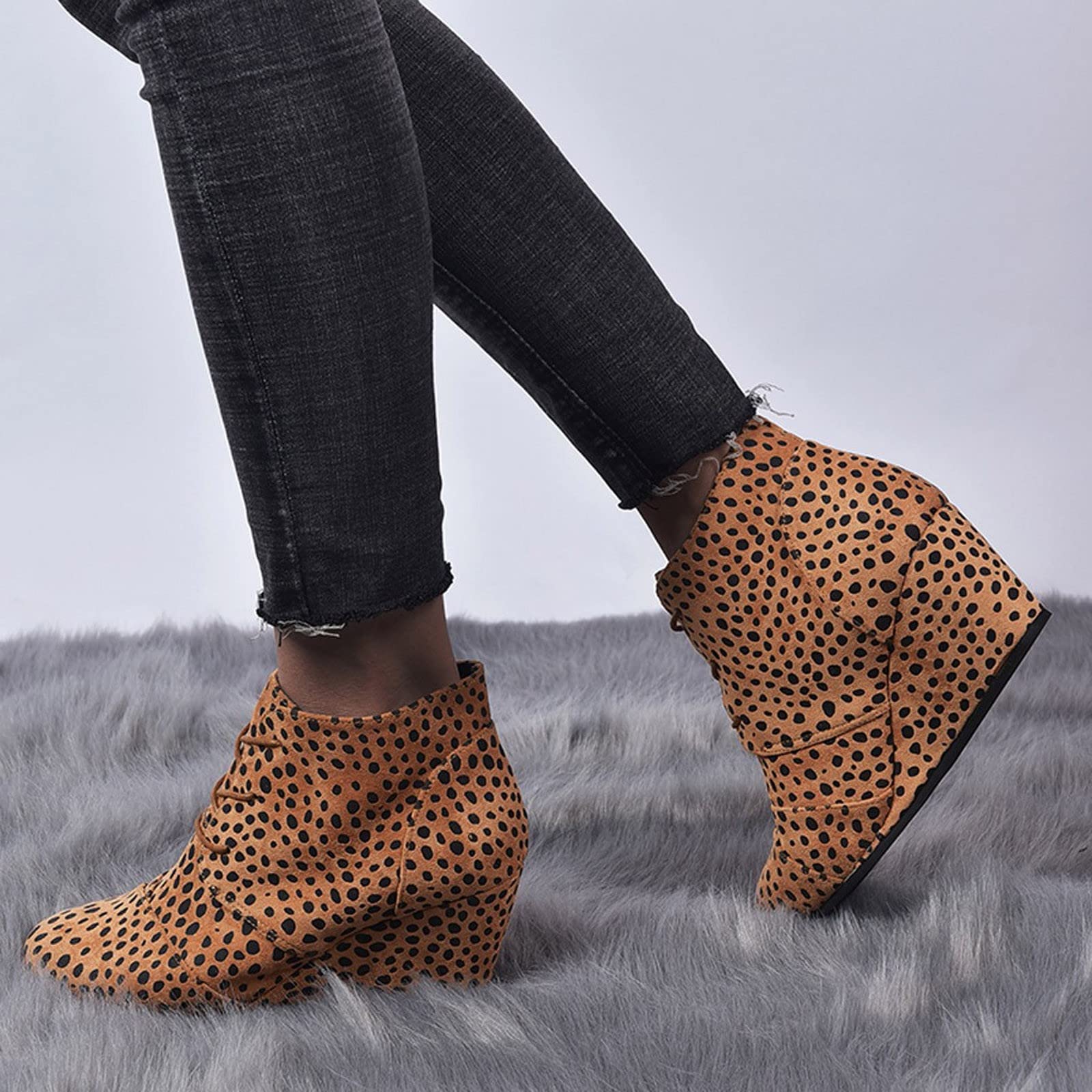 Stivaletti da donna con zeppa, in pelle scamosciata, stile retrò, con chiusura lampo, a punti, con punta arrotondata, Giallo 2, 39
