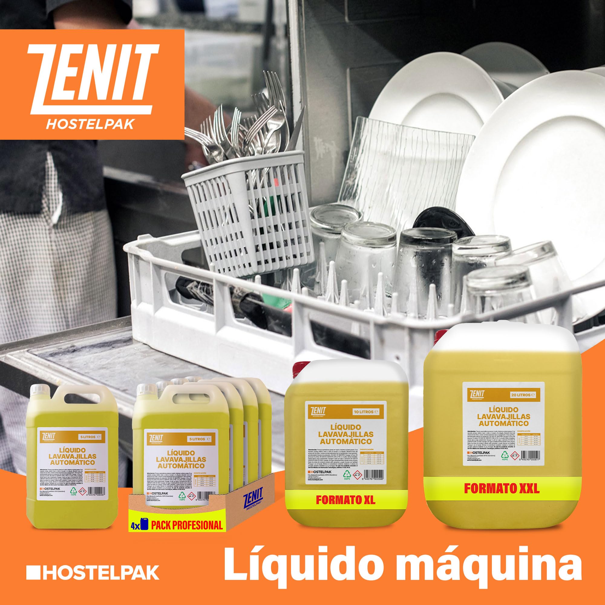 Hostelpak | 4 x 5L - Líquido lavavajillas automático, Limpieza profunda, Eficaz contra todo tipo de suciedad, Detergente líquido maquinas