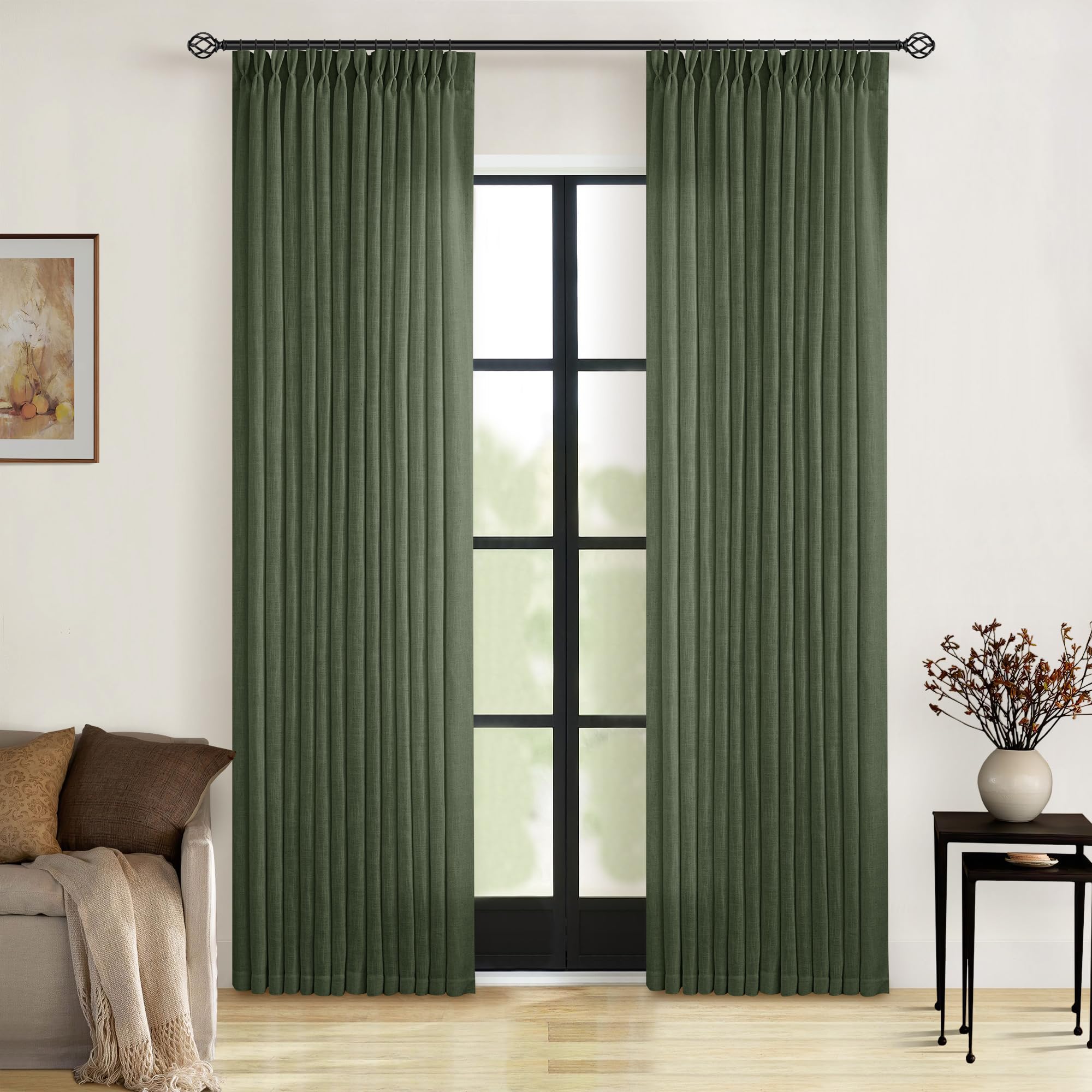 80 Inches Long Olive Green Pinch Pleat Thick Linen Curtains for Bedroom