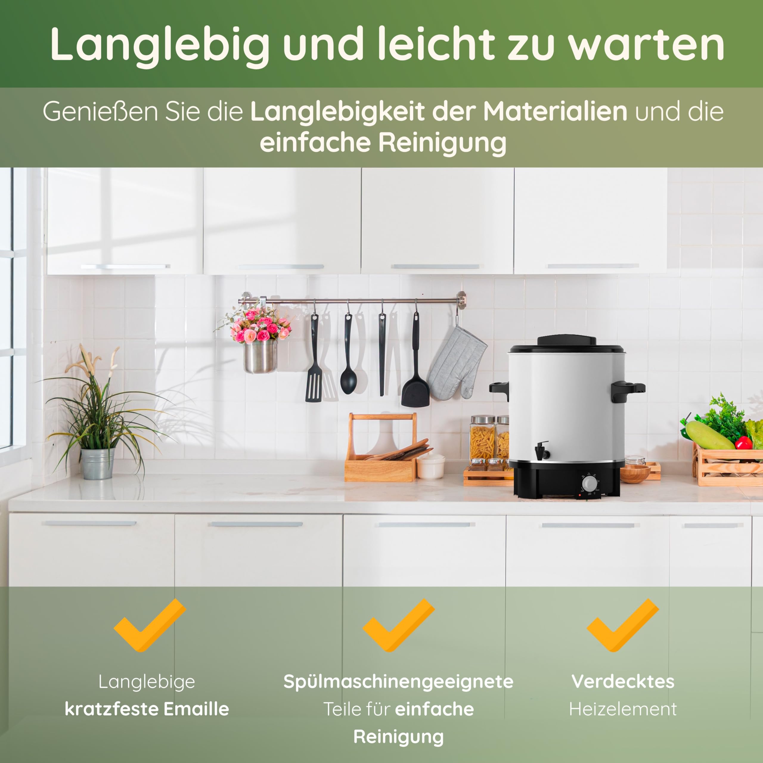 ‎Tim Home Einkochautomat, 1800 Watt mit Zapfhahn – Vielseitiger Kochtopf als Einkochtopf, Dampfkochtopf & Glühweinkocher – Emailliert, Multifunktional, Temperatureinstellung, 27 Liter