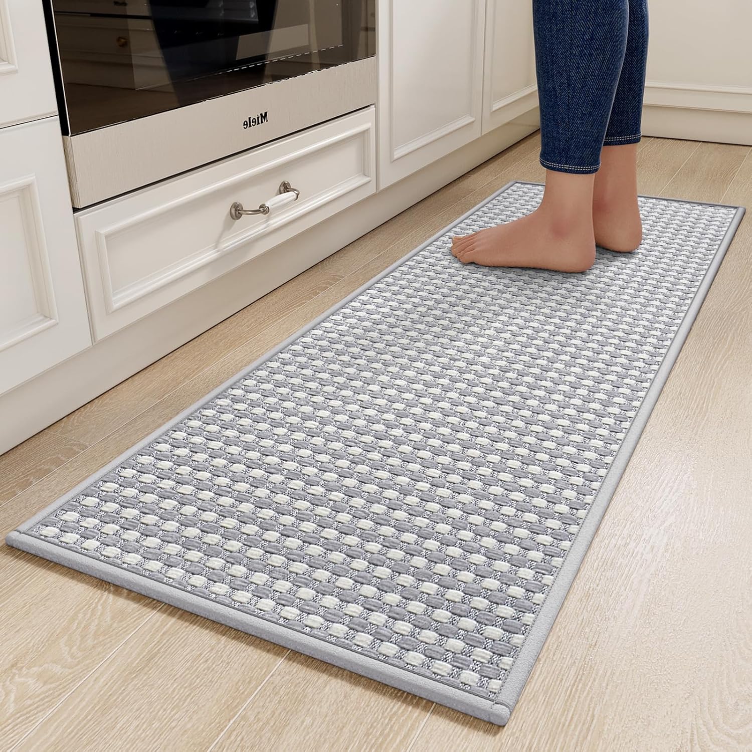Kitchen Runner Rugs Non Slip Washable, Super Absorbent Soft Chenille Braided Kitchen Mats for Floor Rubber Backing Sink Mat Standing Floor Mat, Machine Washable Easy Clean, Gray 17"x59" 17"x59" A- Light Grey