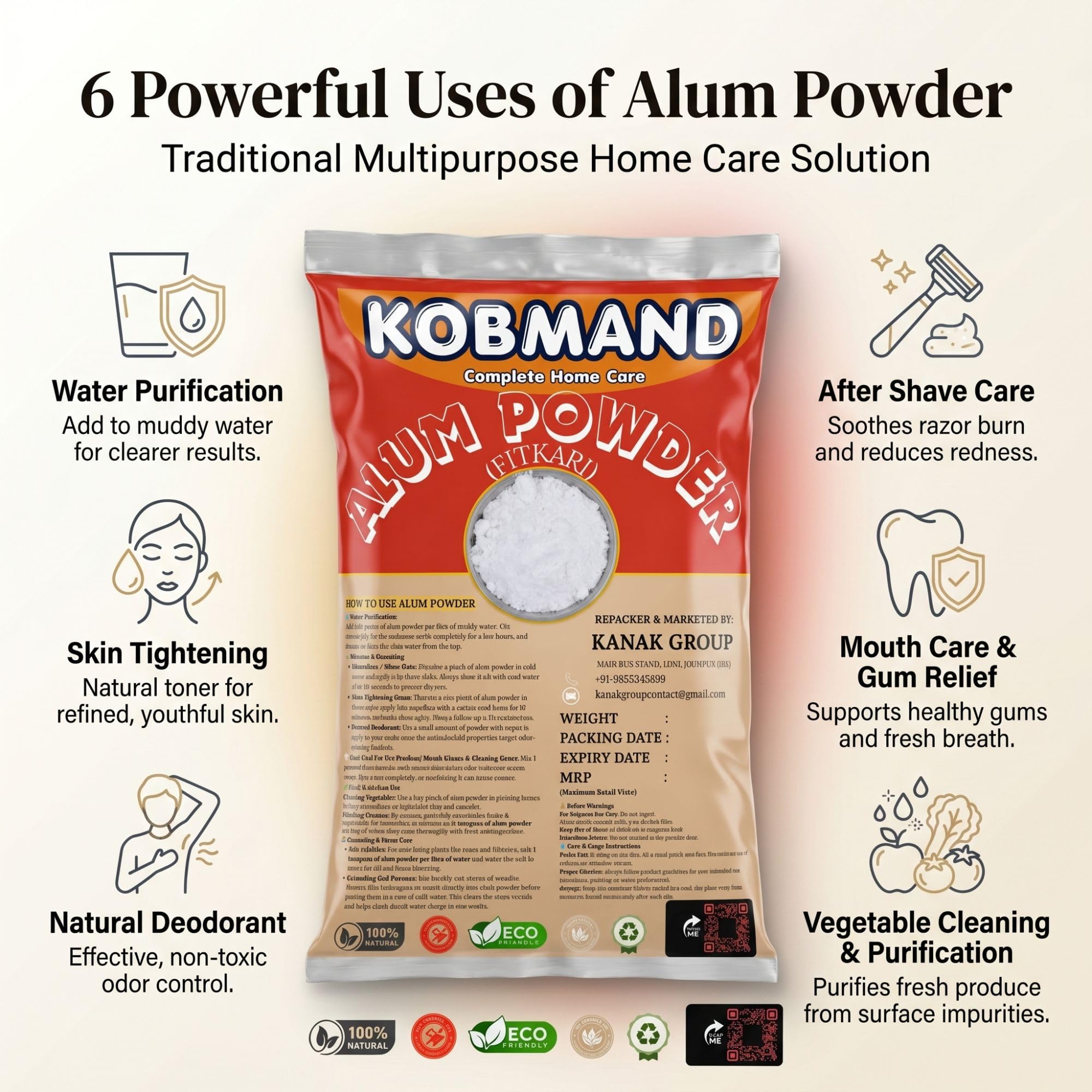 KOBMAND Alum Powder (Fitkari Stone) for face, Teeth, Skin, Water Purification, After Shave, Plants, Bath, Underarms, Deodorant, Mouthwash, Floor Cleaning, Cloth Washing | Phitkari Fitkiri Alam 900 gm 1