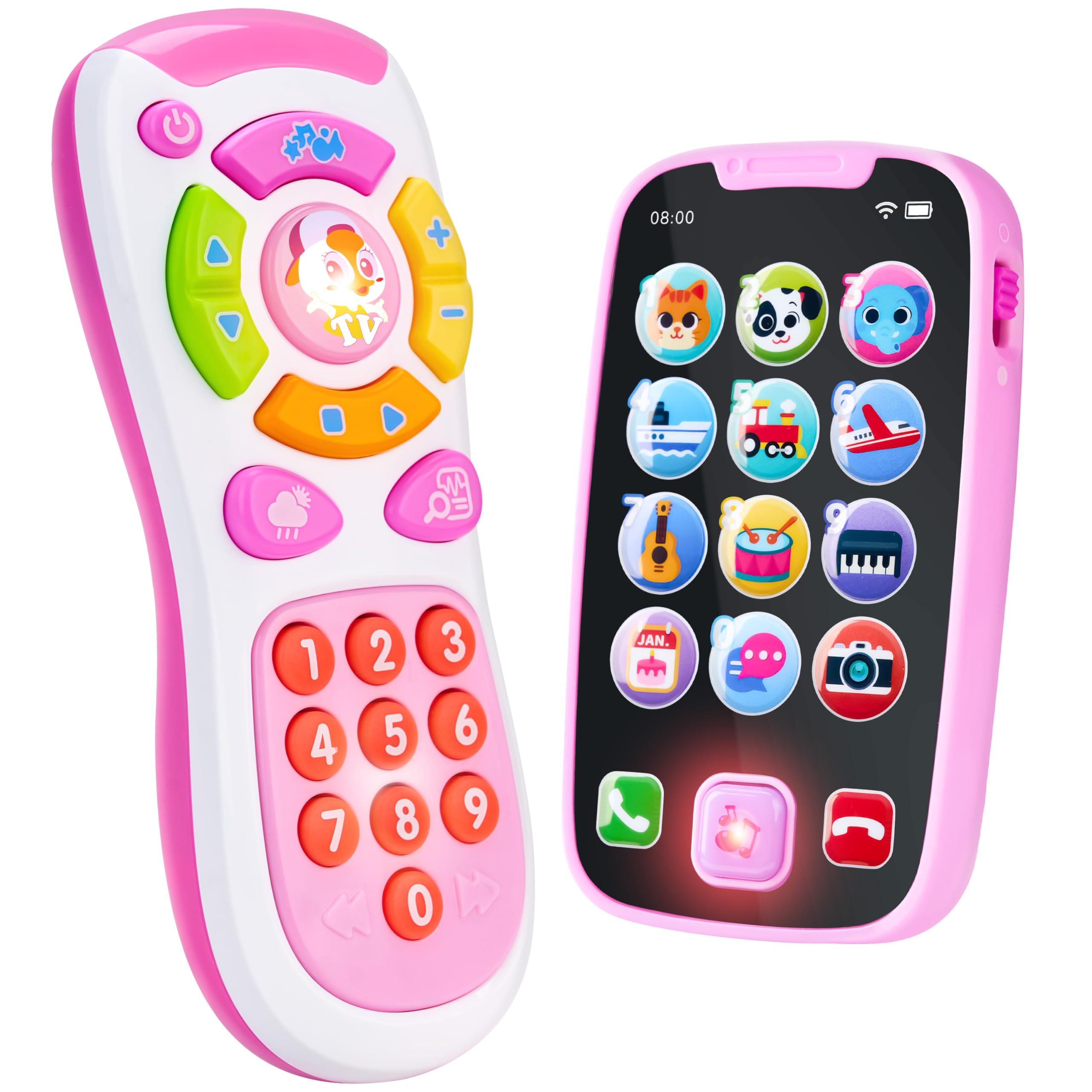 JOYIN Baby Learning Phone and Remote Toy for Toddler, Pink Smartphone Toys with Music for Infants, Kids, Holiday Stocking Stuffers, Birthday Gift for