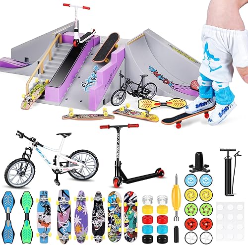 Juego de 73 rampas de patineta para dedos, incluye 7 sitios de patineta, 10 patinetas de dedo, 1 par de pantalones de dedo y accesorios de