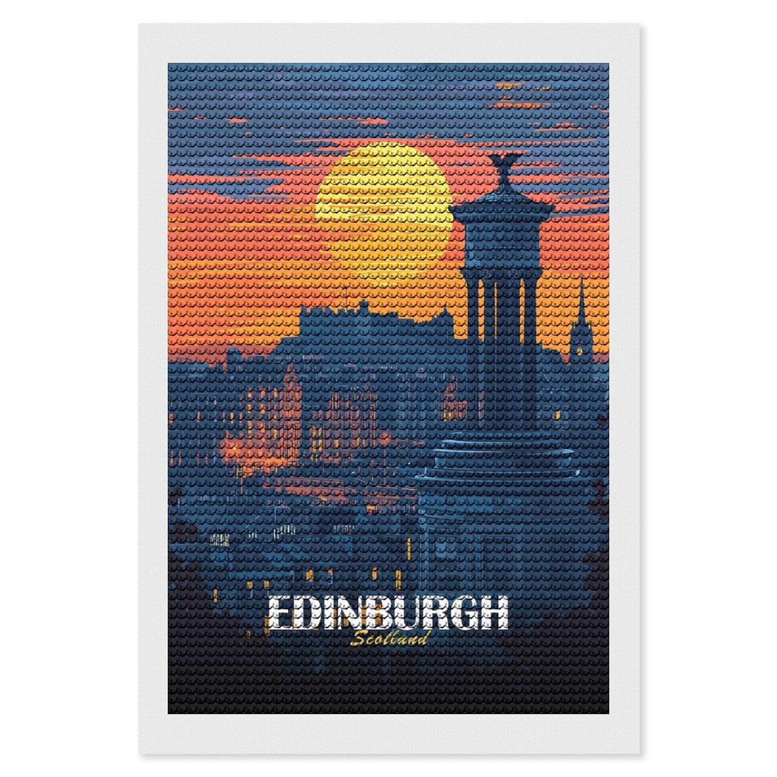 Junmoney Edinburgh Scotland Cityscape at Sunset DIY Diamond Art Canvas Kit 8"x12", Relaxing DIY, Sparkling Crystal Beads, Vintage Style Decor, Holiday Gift Idea