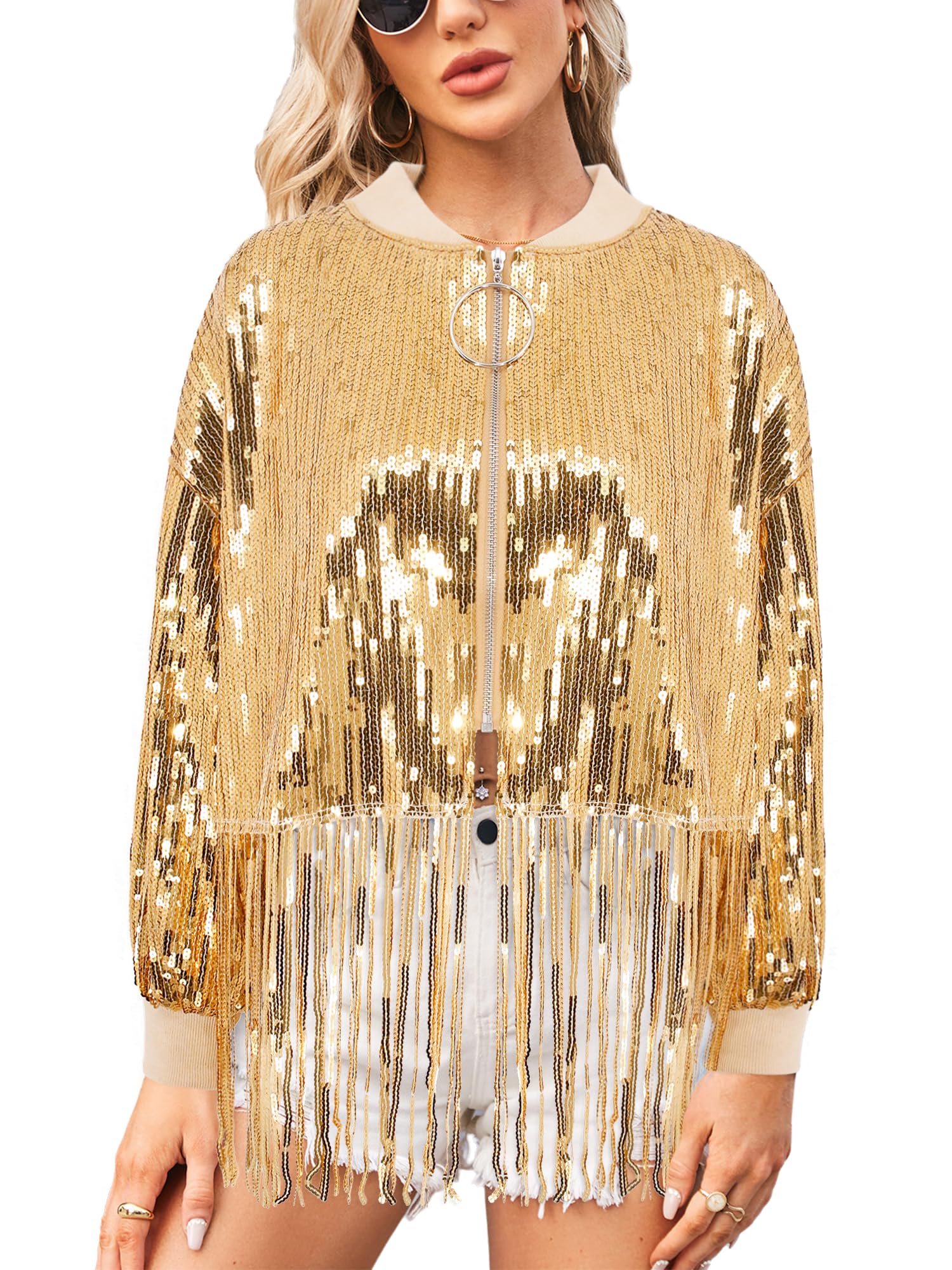 Womens Short Sequin Fringes Jacket Coat Long Sleeve Zipper Blazer Bomber Racing Jacket Club Party Rave Outfits