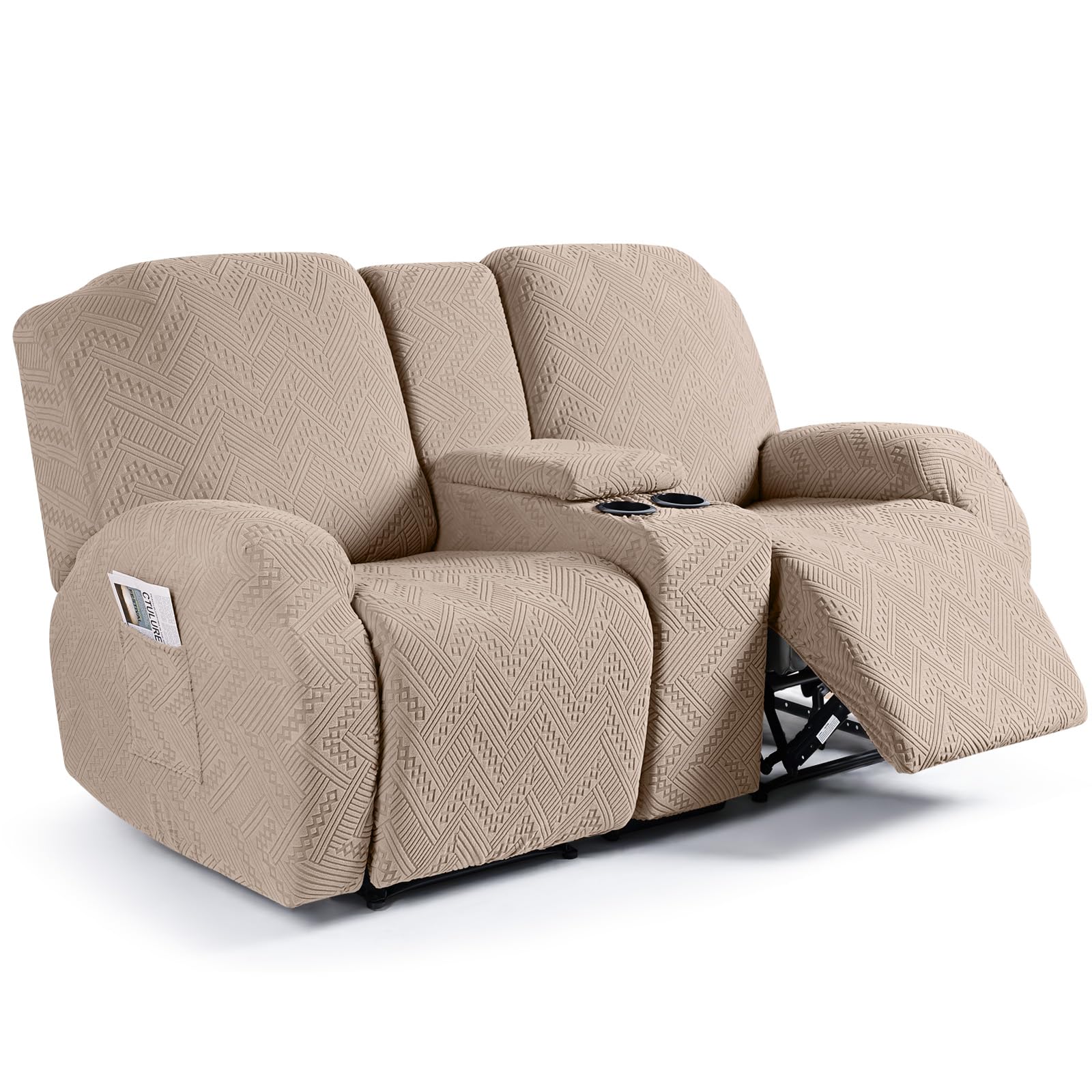 Ruaozz Stretch Loveseat Recliner Covers with Console 4-Pieces Recliner Sofa Covers with Pockets Jacquard Reclining Couch Covers Furniture Protector with Elastic Straps Bottom (2 Seater, Khaki)
