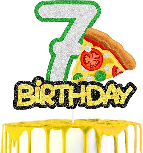 Miniatura 1 de Decoración para tartas de cumpleaños número 7 con temática de pizza, gran decoración para fiestas de aperitivos, fiestas temáticas de amantes de la