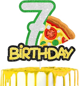 Pizza Theme 7th Happy Birthday Cake Topper - Great Decor for Snack Party, Italian Pizza Lovers Themed Party, or Pizza Themed Birthday Party for Boys and Girls - SugarGera