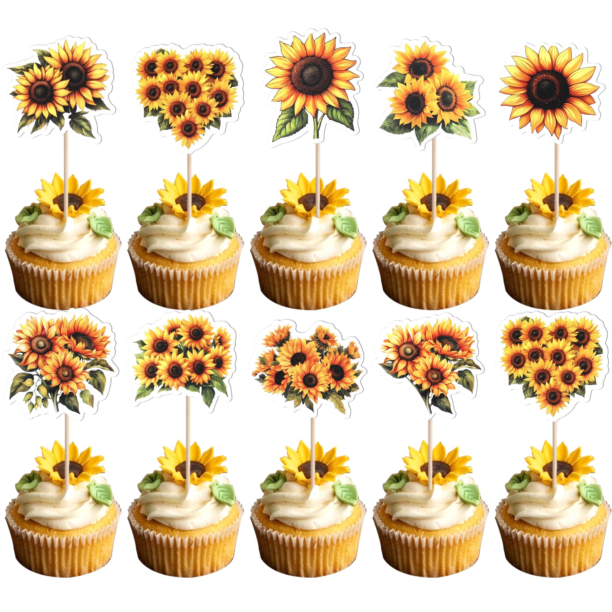 SYKYCTCY 36 Pack Sunflower Cupcake Topper Double Sided Sunflower Cupcake Picks Decoration for Spring Summer Flower Theme Baby Shower Wedding Birthday Party Cake Decorations Supplies โ image 1