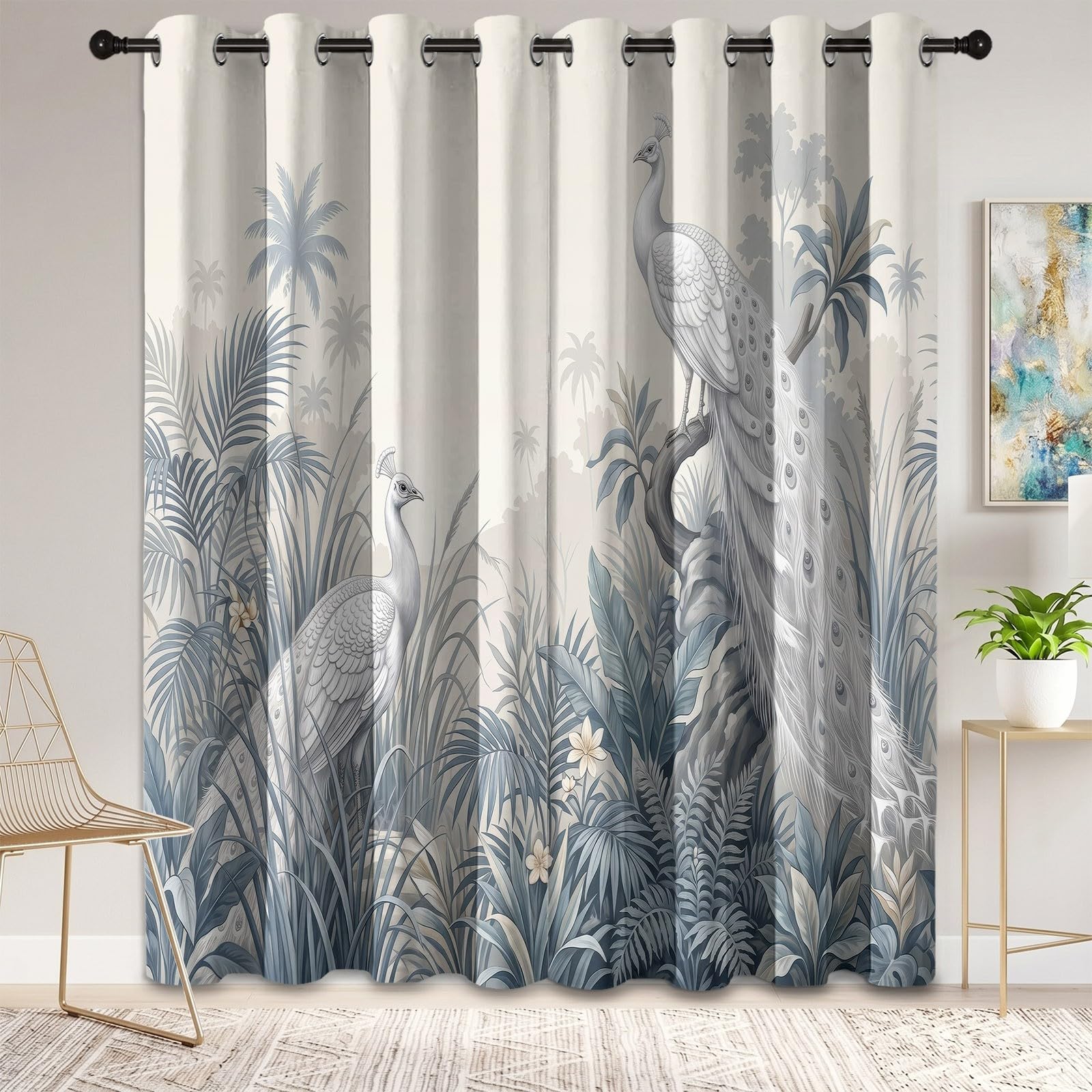 Rideaux Occultants Oiseau Forêt 75L X 166H cm (2 Panneaux), Isolation Thermique Fixation par Oeillets Motif À Fleur Et Paon De Jardin Tropical pour Chambre À Coucher, Crème