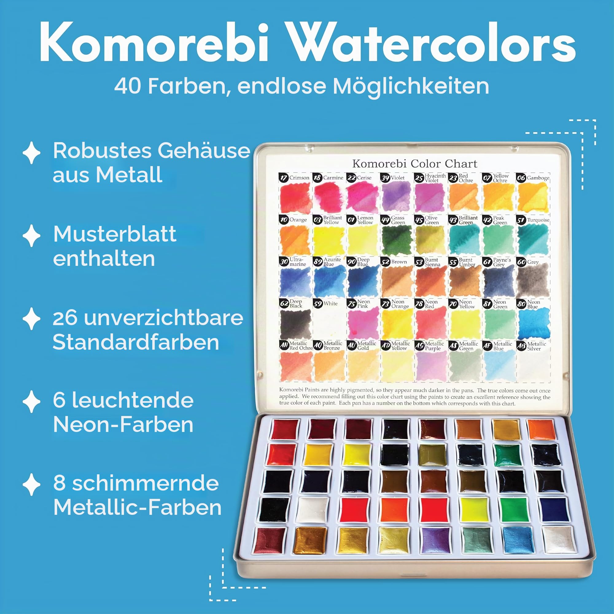 Mozart Premium japanisches Aquarellfarben-Set mit komplettem Zubehör, 40 reichhaltige Wasserfarben, inklusive Pfannen, Palette, Stift, Pad, Pinsel, Metallic- und Neon-Wasserfarben, perfektes