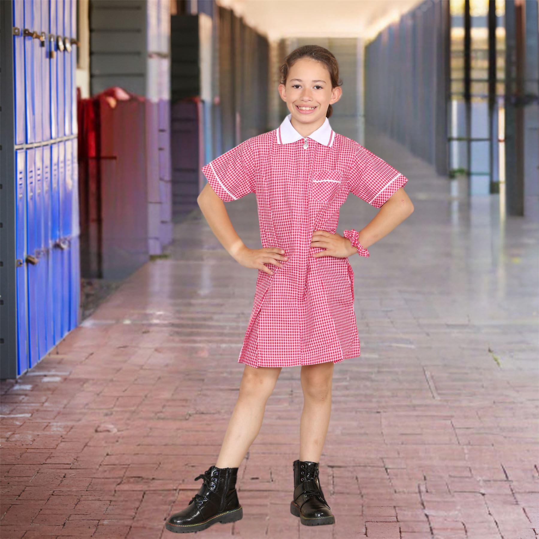 Vestido escolar a cuadros para niñas, paquete de 2 unidades, manga corta, con cremallera, plisado, uniforme escolar, vestido de verano a cuadros con bolsillos y pelo enrollado, edades de 3