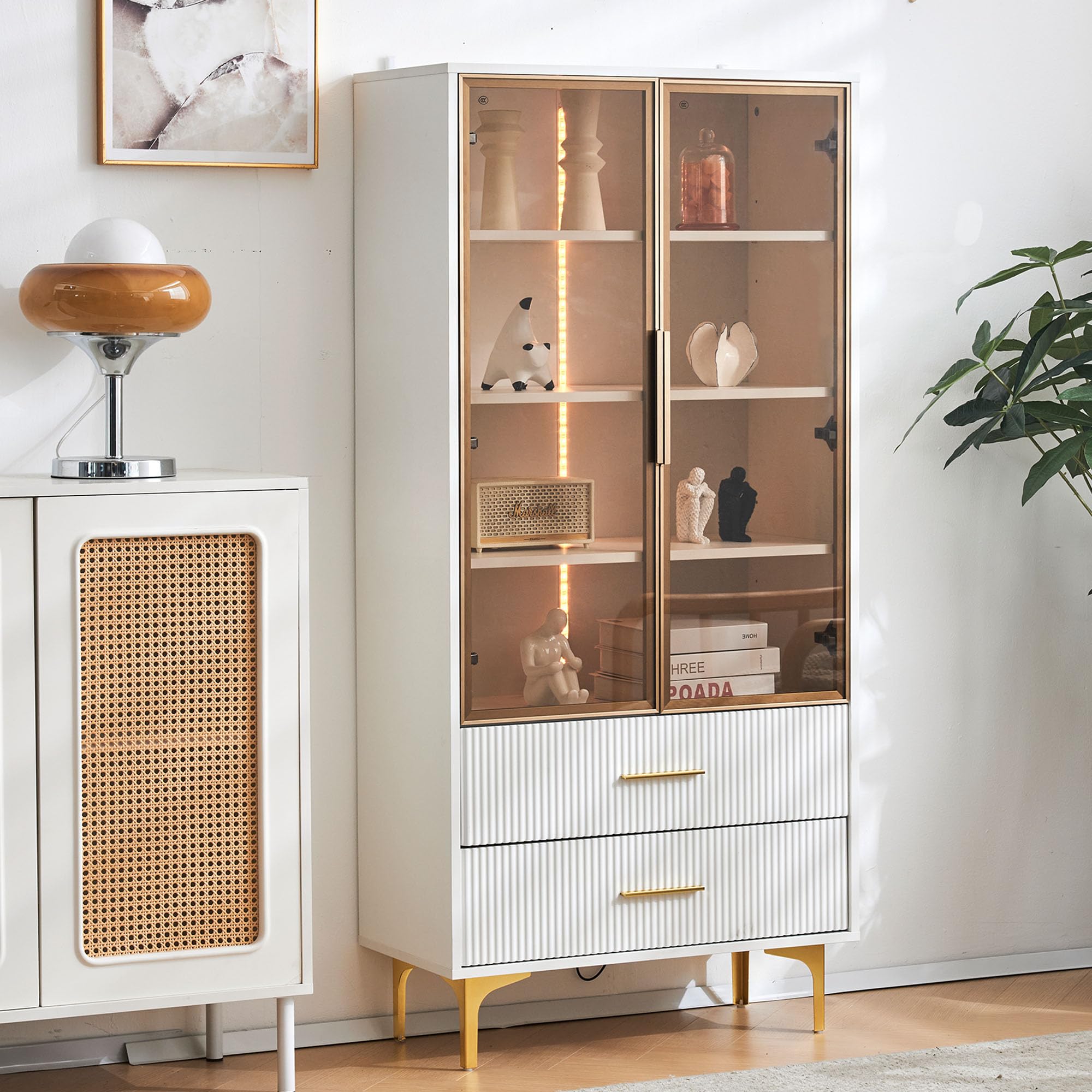 Vetrina in vetro, 70 x 35 x 150 cm, con due ante, eleganti ante in vetro, gambe dorate, ripiani mobili, con luce a LED, mobiletto alto