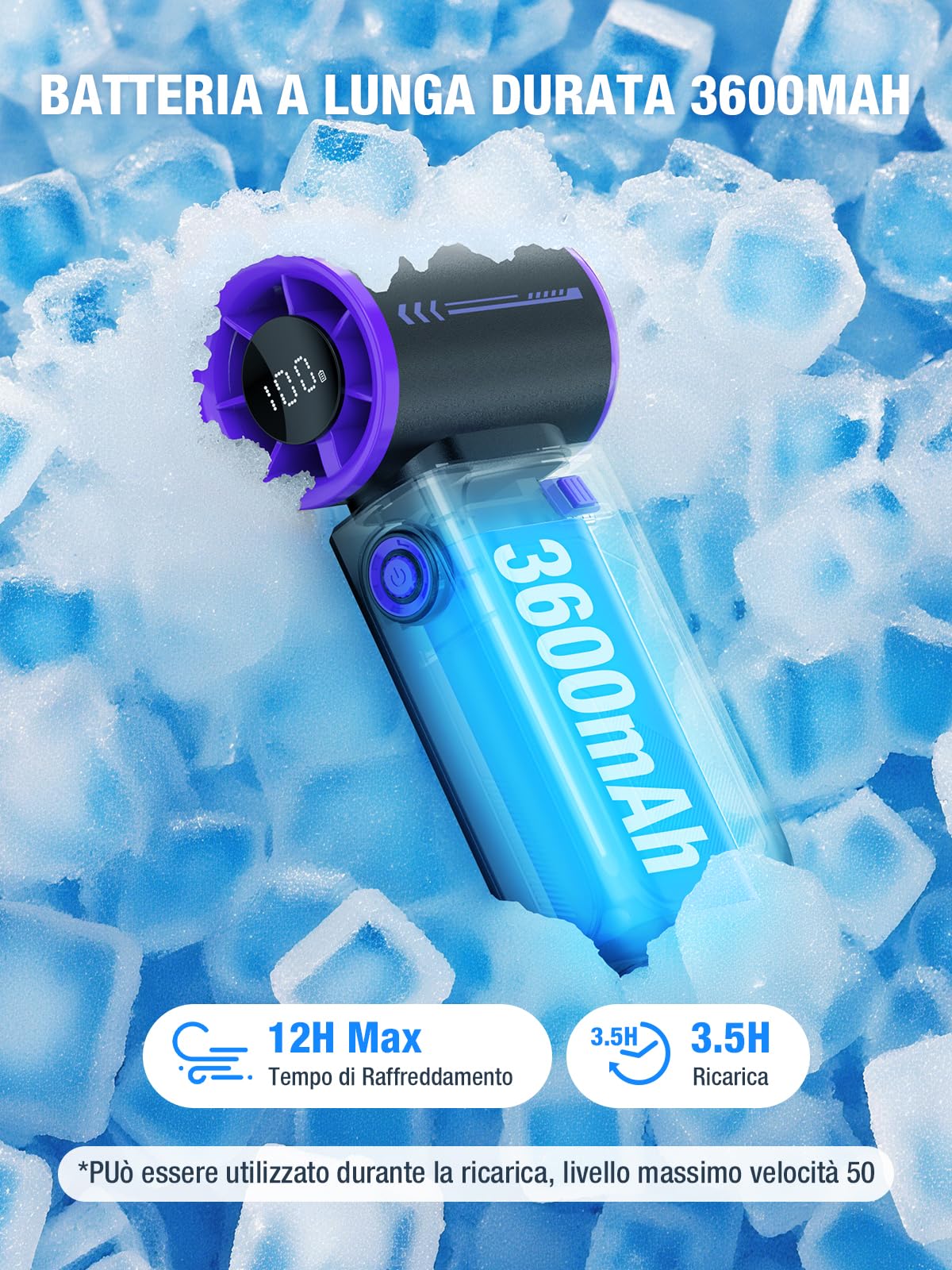 Smiling Shark TF-01 Ventilatore Turbo Portatile, Turbo Power 10m/s Alta Velocità Regolabile 1-100 Mini Ventilatore Portatile a Mano [Max 12H] con Display LED per Viaggi/Concerti/All'aperto/Campeggio