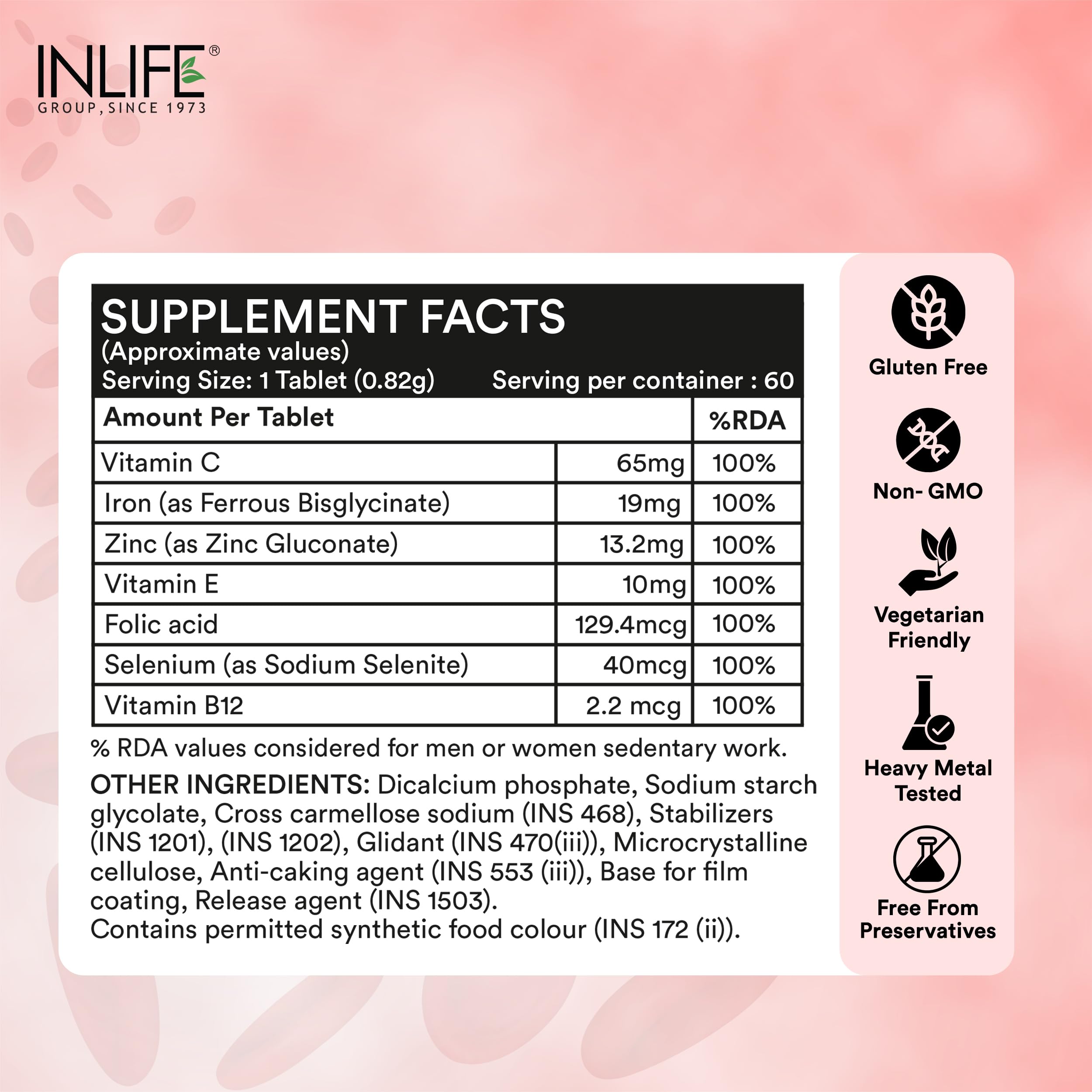 INLIFE Iron Folic Acid, Ferrous Bisglycinate, 60 Tablets, (Pack of 2) 4