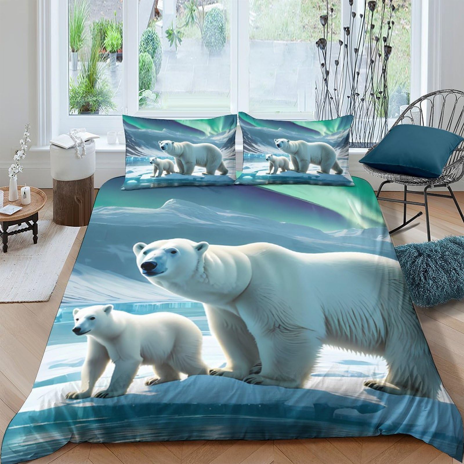 Ctjqhvkz Style-3 3D Printed Polar Bear Aurora Fitted Sheet Microfiber Soft Washable Mattress Cover Bedroom Decor Protection Single（135X200cm）