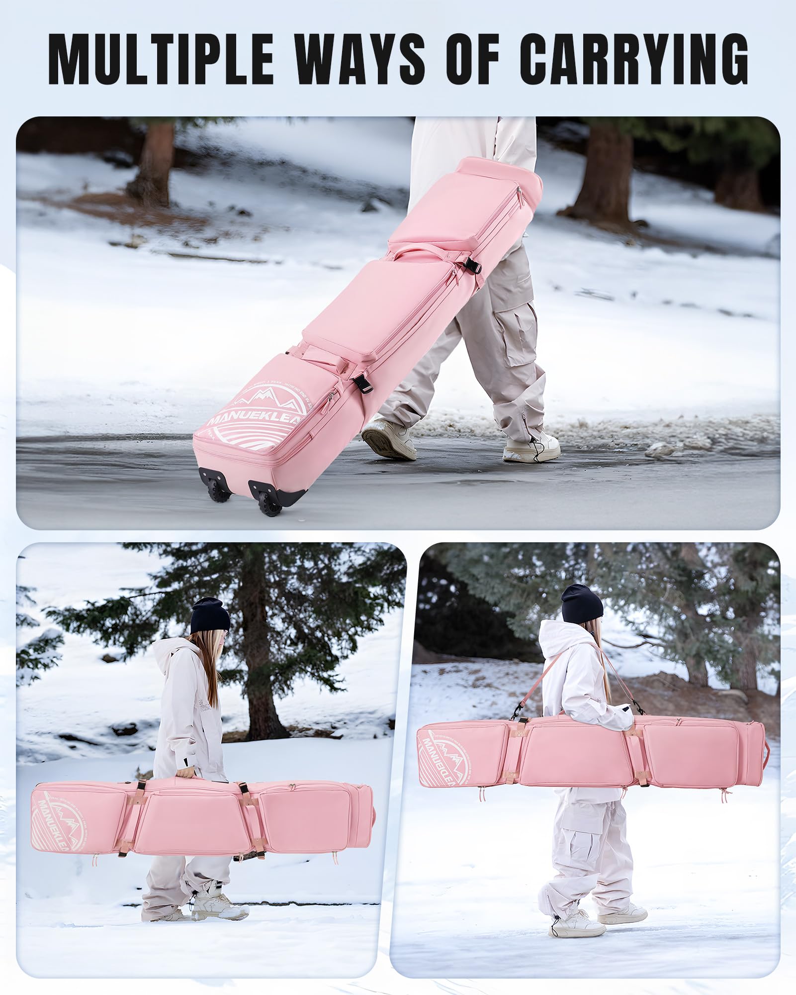 MANUEKLEAR Rollende Ski-Reisetasche für Ski von 170-190 cm, langlebige & wasserdichte Snowboardtasche mit Rollen, Faltbare Doppel-Skitasche mit weich gepolsterten und abnehmbaren Schultergurten
